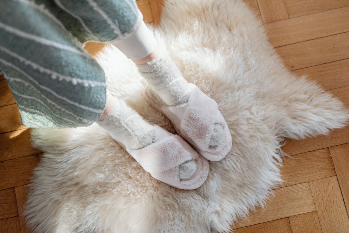 Warm and cozy slippers on a plush rug, capturing a relaxing indoor atmosphere.