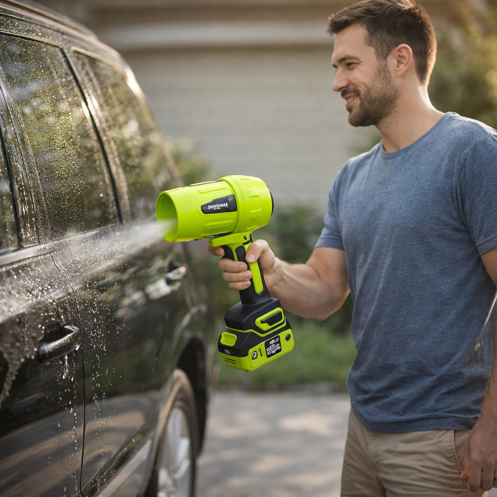 Jet Blower clearing water from a car mirror