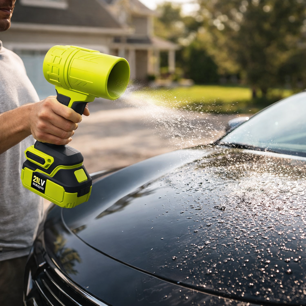 Man using the Jet Blower on a car