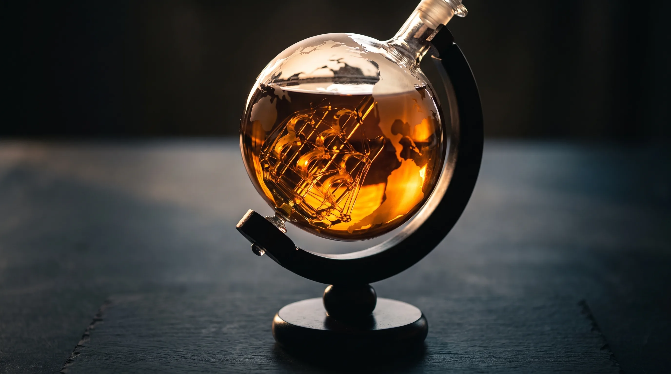 Backlit crystal globe decanter with the etched map glowing