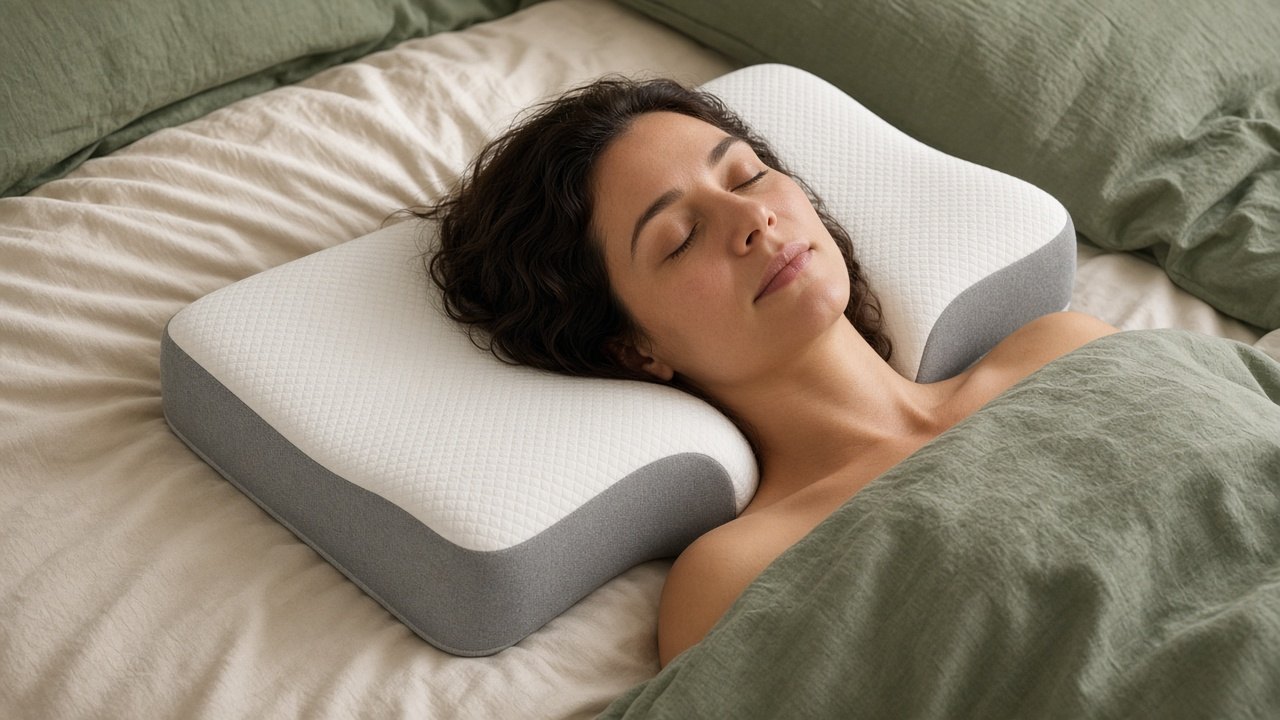 A woman sleeping on her back on the contour pillow
