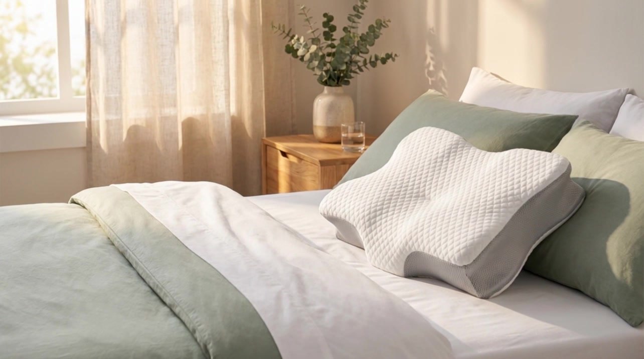 The pillow on a made bed with sage pillows in morning light
