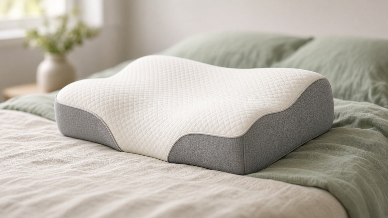 The contour pillow on sage and cream linen in soft window light