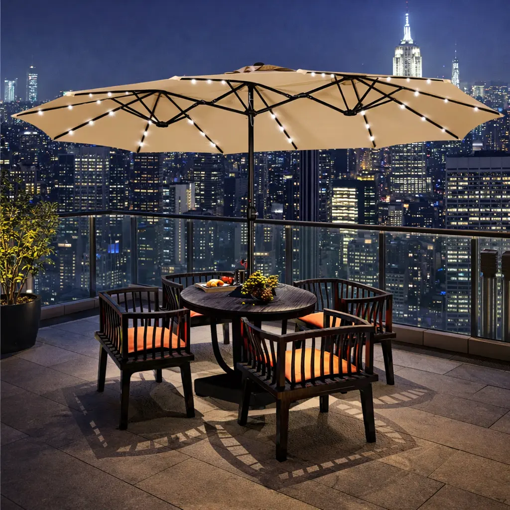 Thumbnail of umbrella at night with lights on
