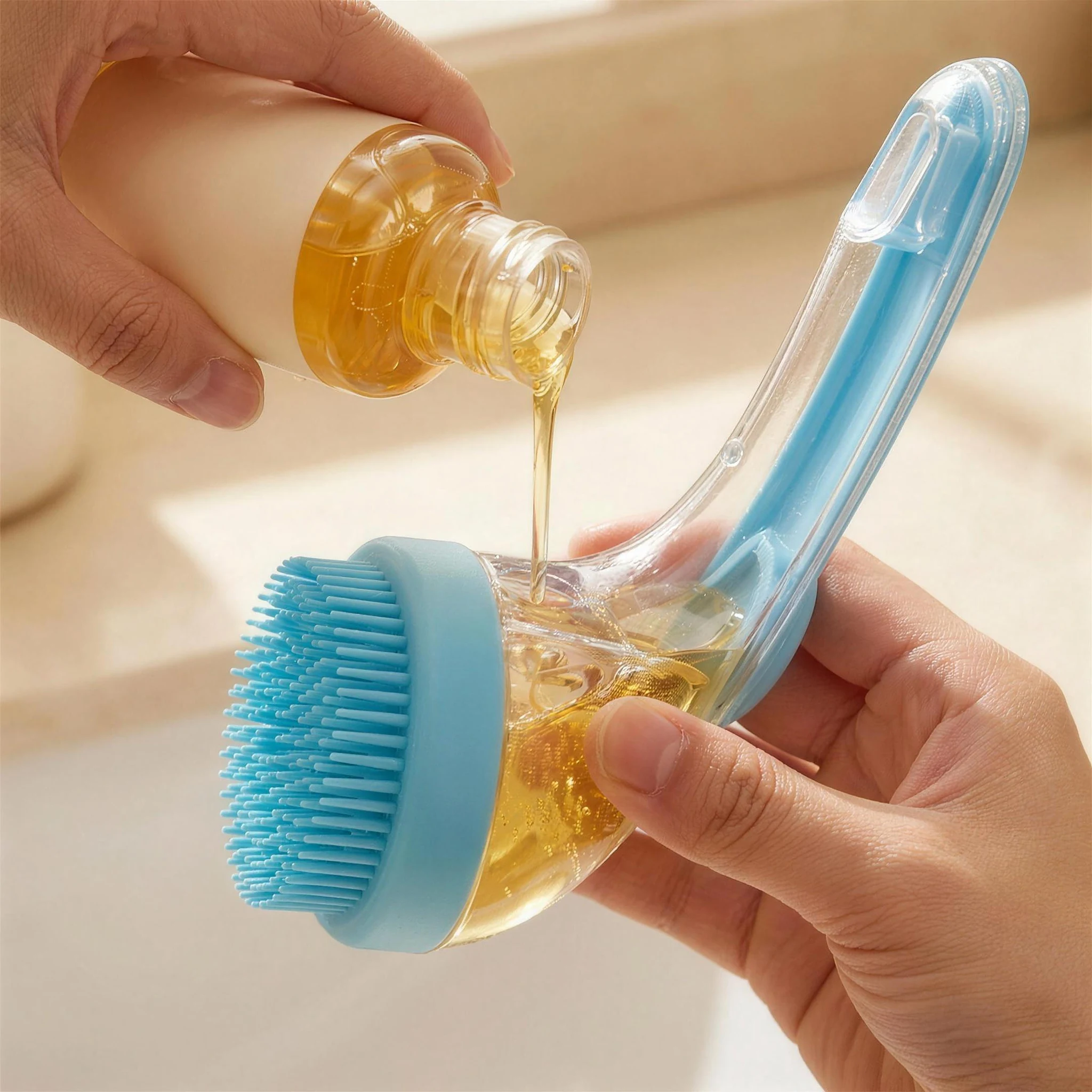 Pouring pet shampoo into the clear handle reservoir