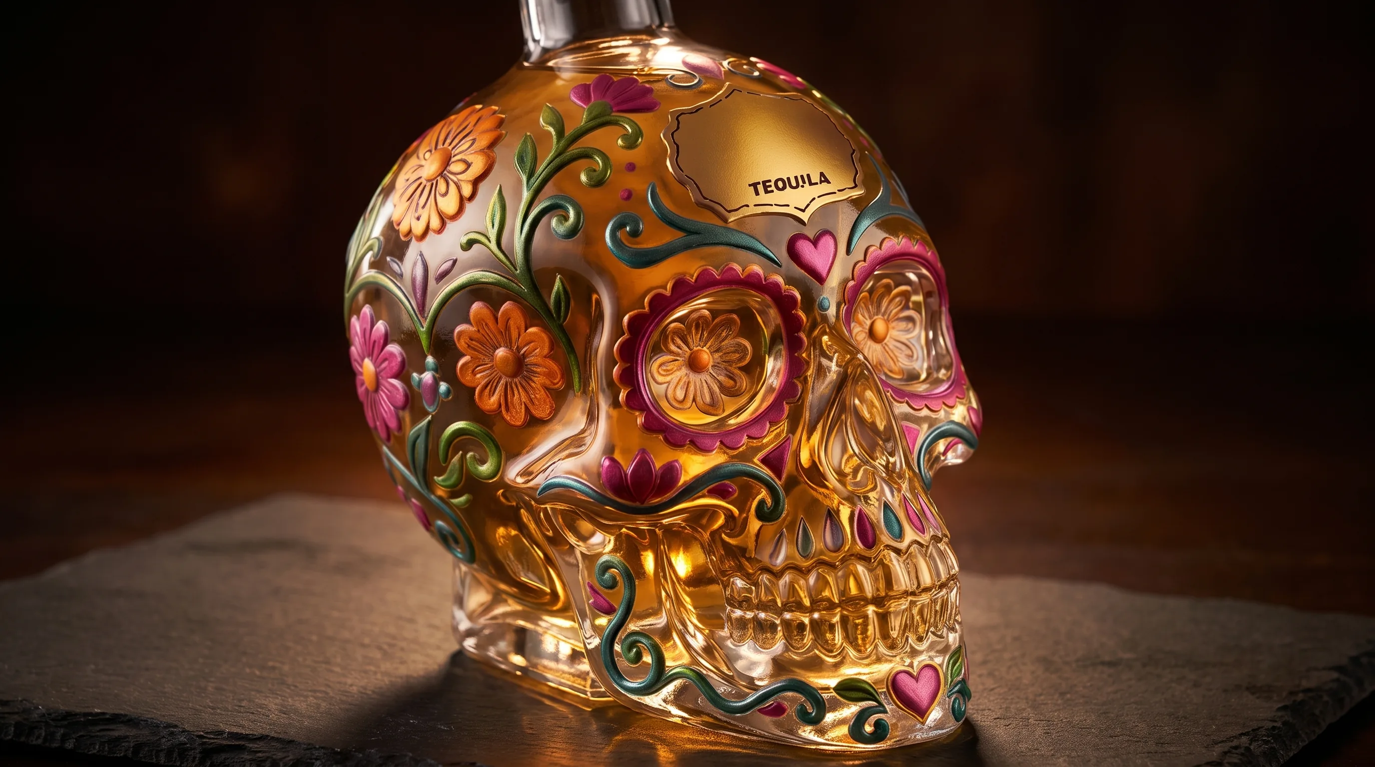Backlit painted sugar-skull glass decanter