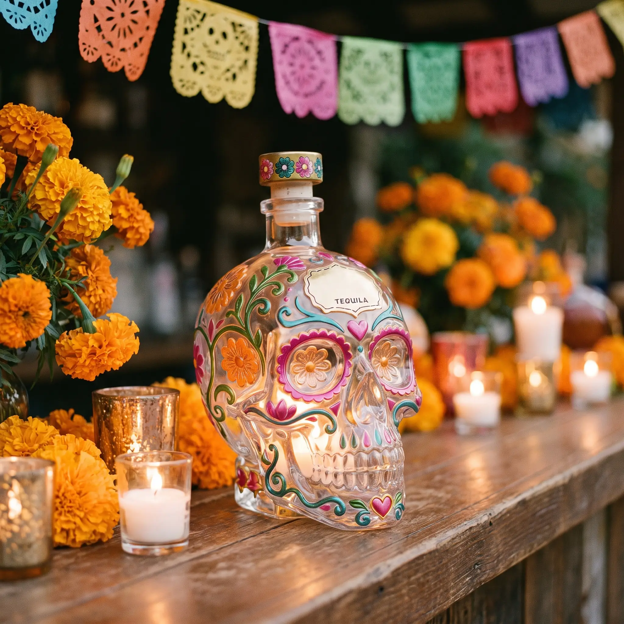 The sugar-skull decanter on a bar beside two tumblers