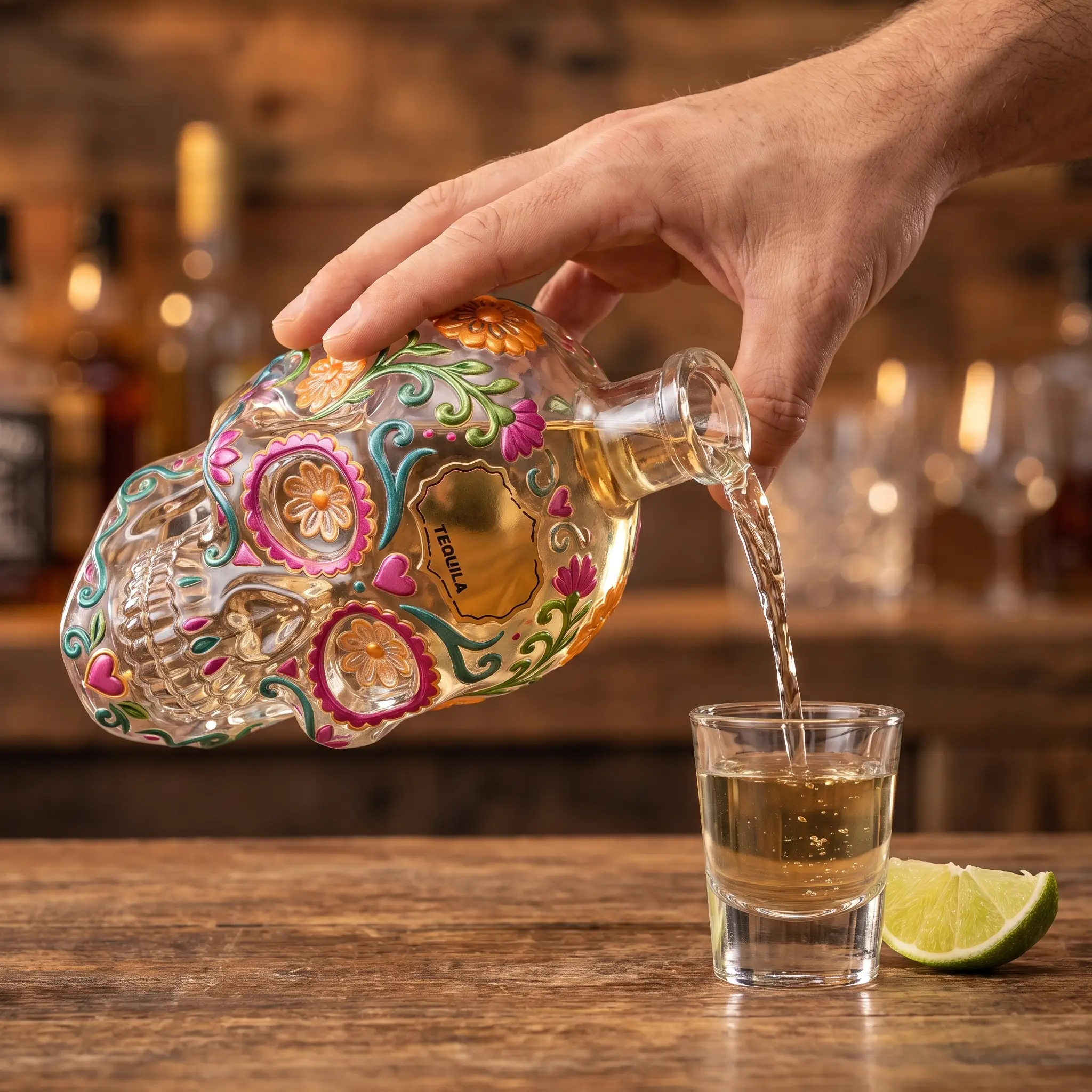 The sugar-skull decanter beside an open lined gift box