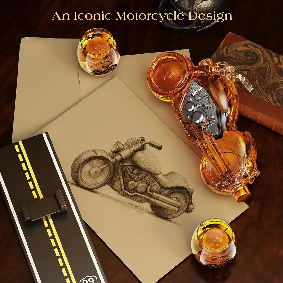 Motorcycle whiskey decanter set front view
