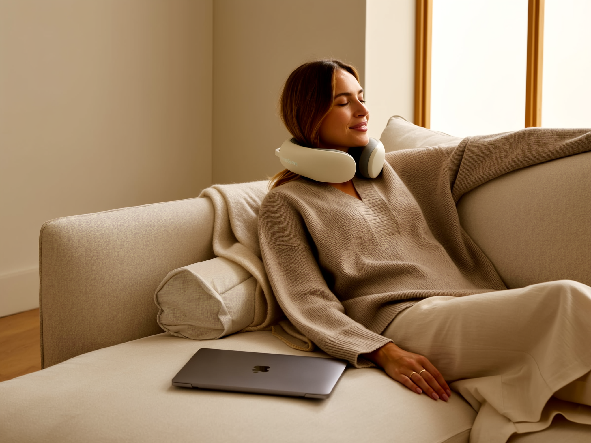 Relaxing on couch with the cordless neck massager thumbnail