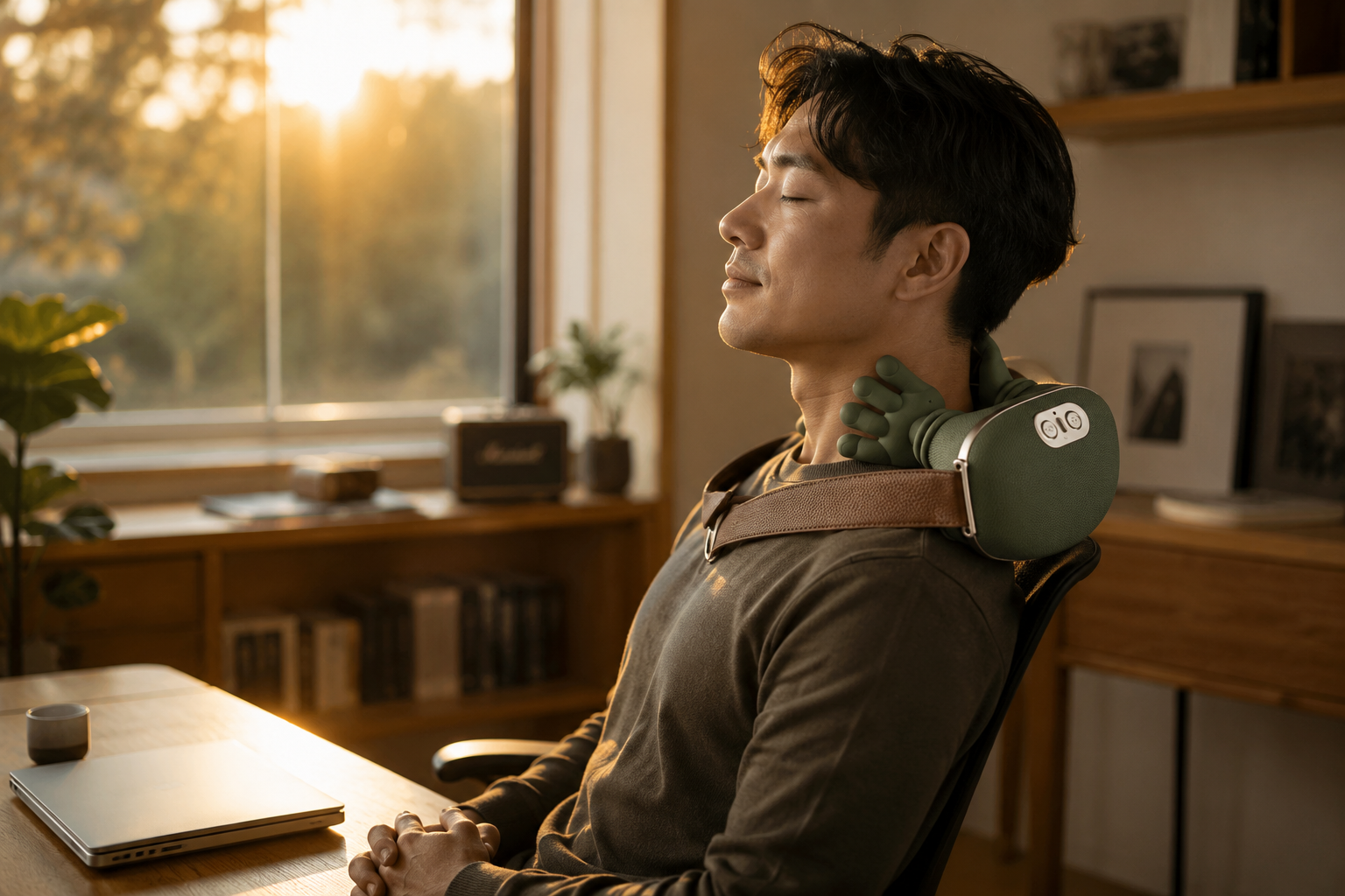 Man relaxing at his desk wearing the kneading massager thumbnail