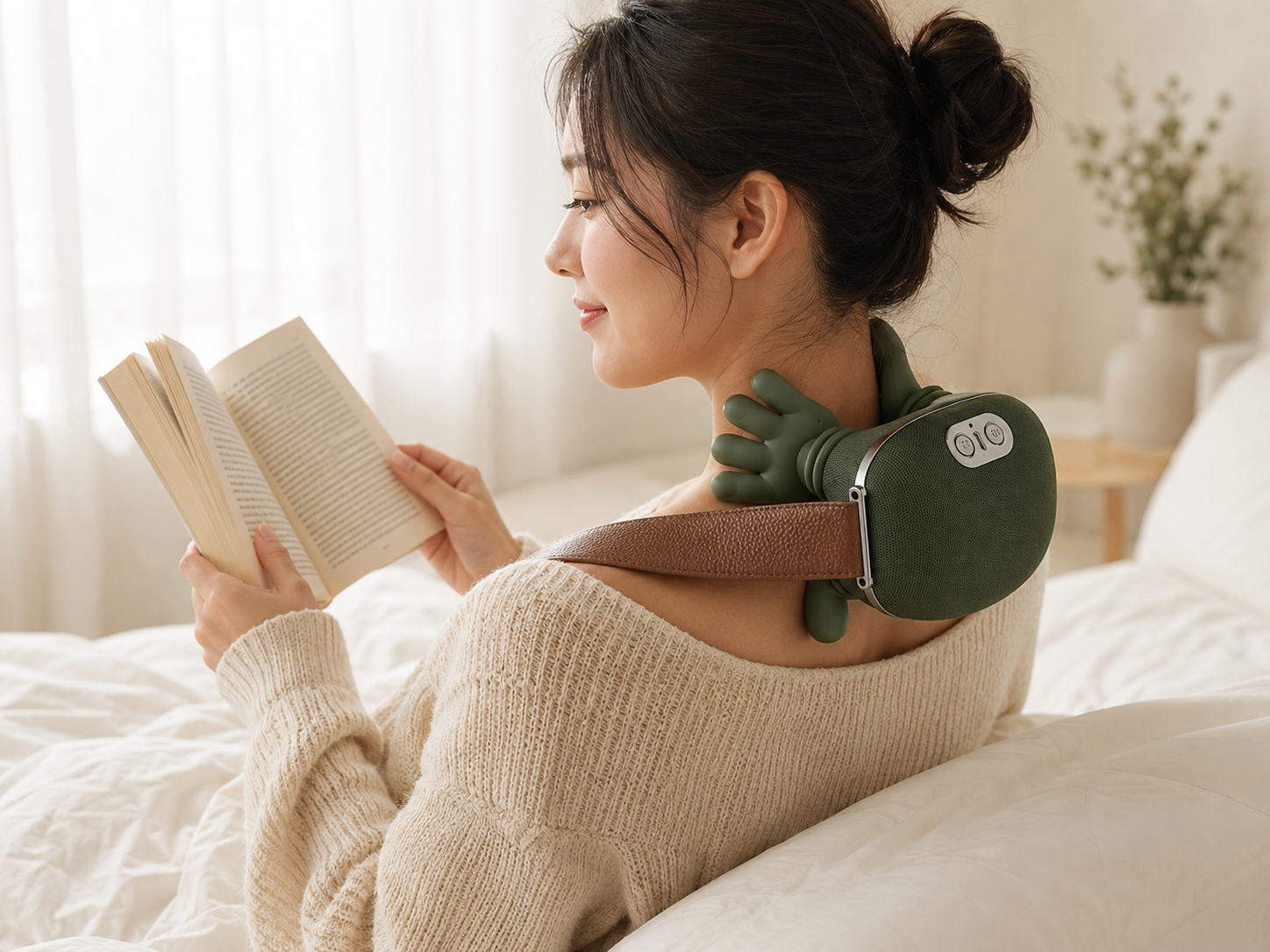 Woman reading while wearing the kneading shoulder massager thumbnail