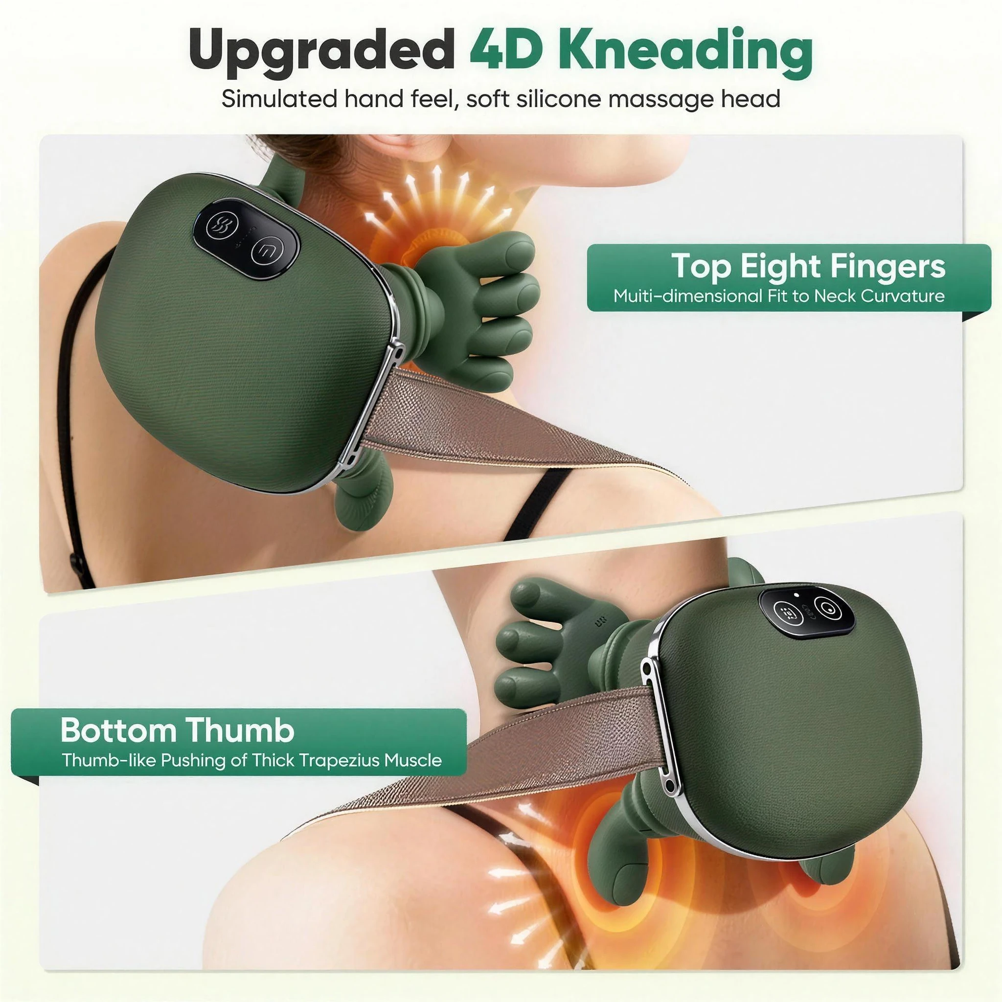 Product sheet: eight top fingers and the bottom thumbs kneading a neck and shoulder