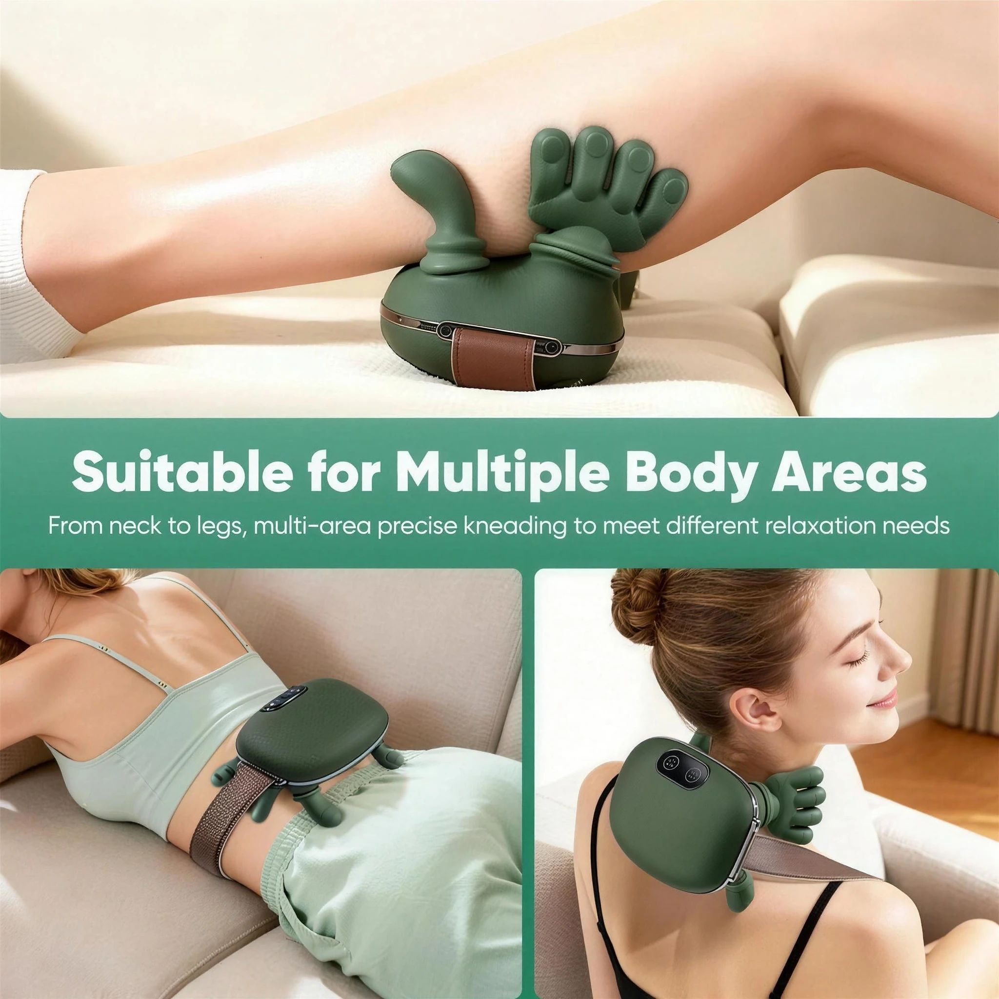 Product sheet: the massager in use on legs, lower back and neck