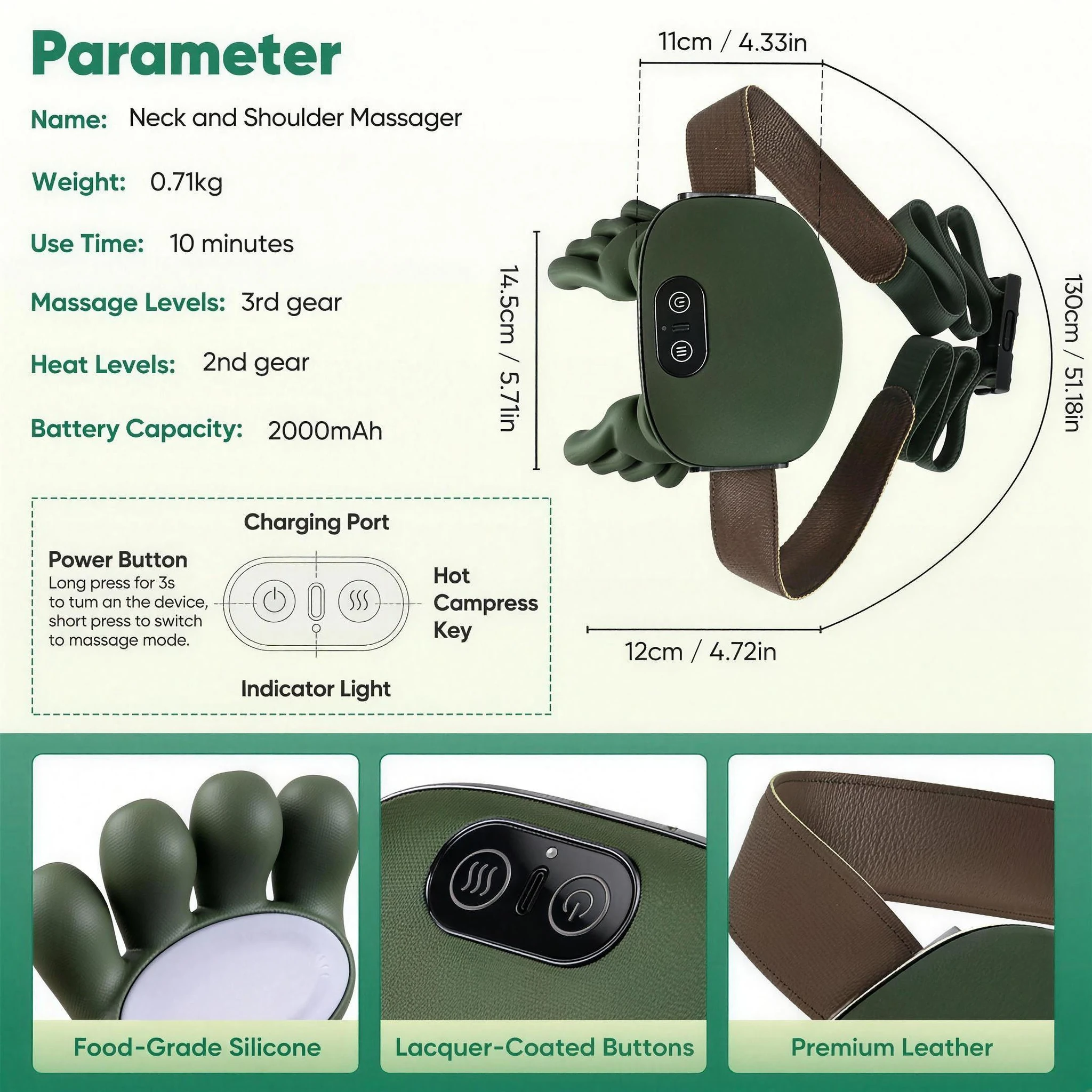 Product sheet: dimensions, weight, buttons, silicone and leather details