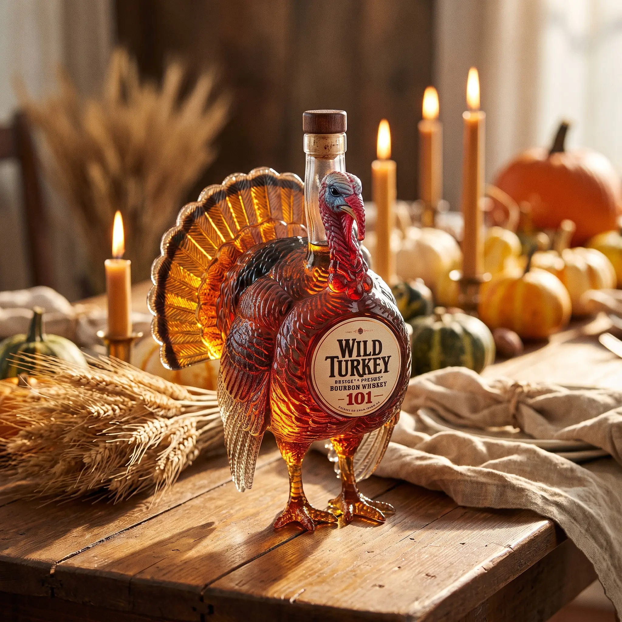 The turkey decanter on a home bar beside two tumblers