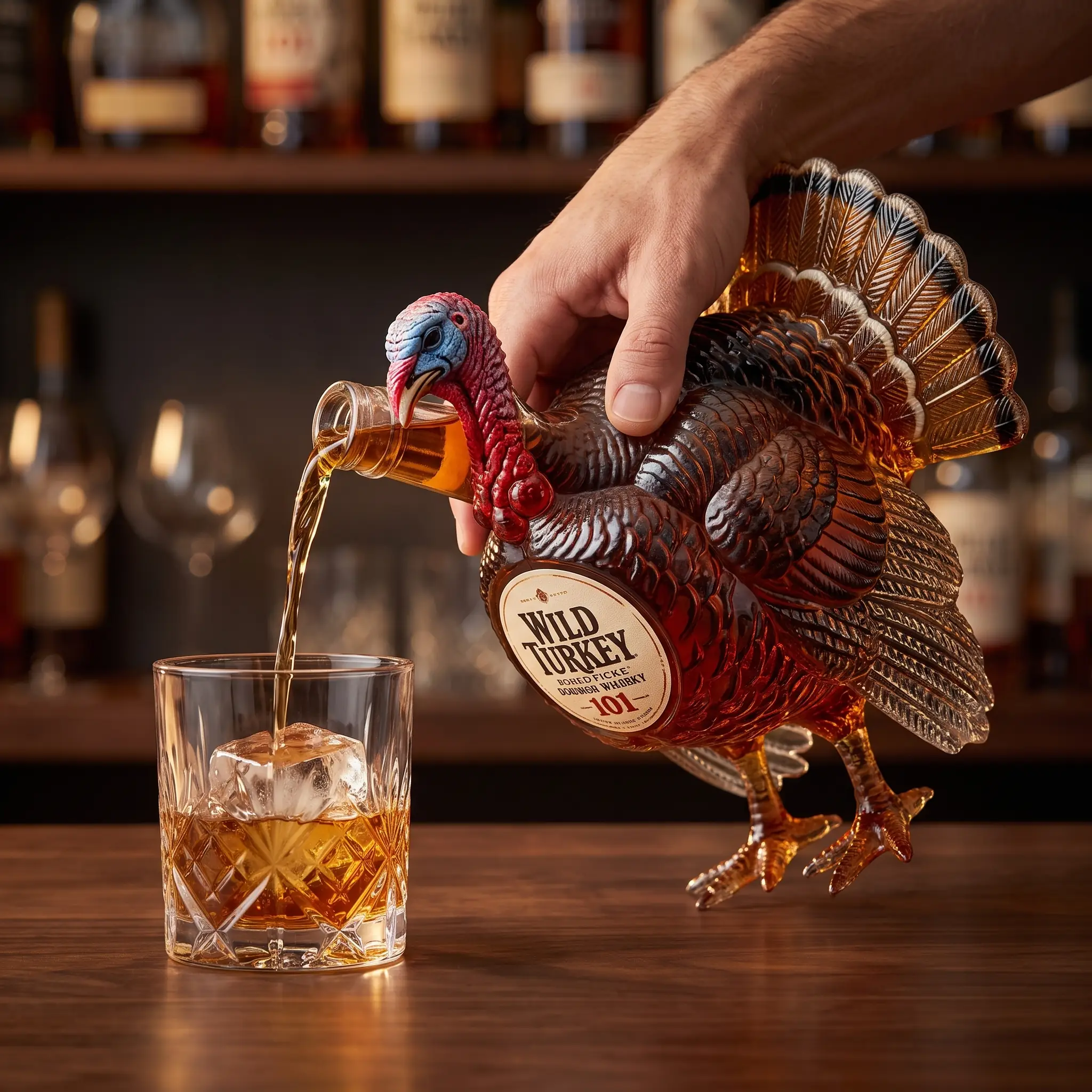 The turkey decanter beside an open lined gift box