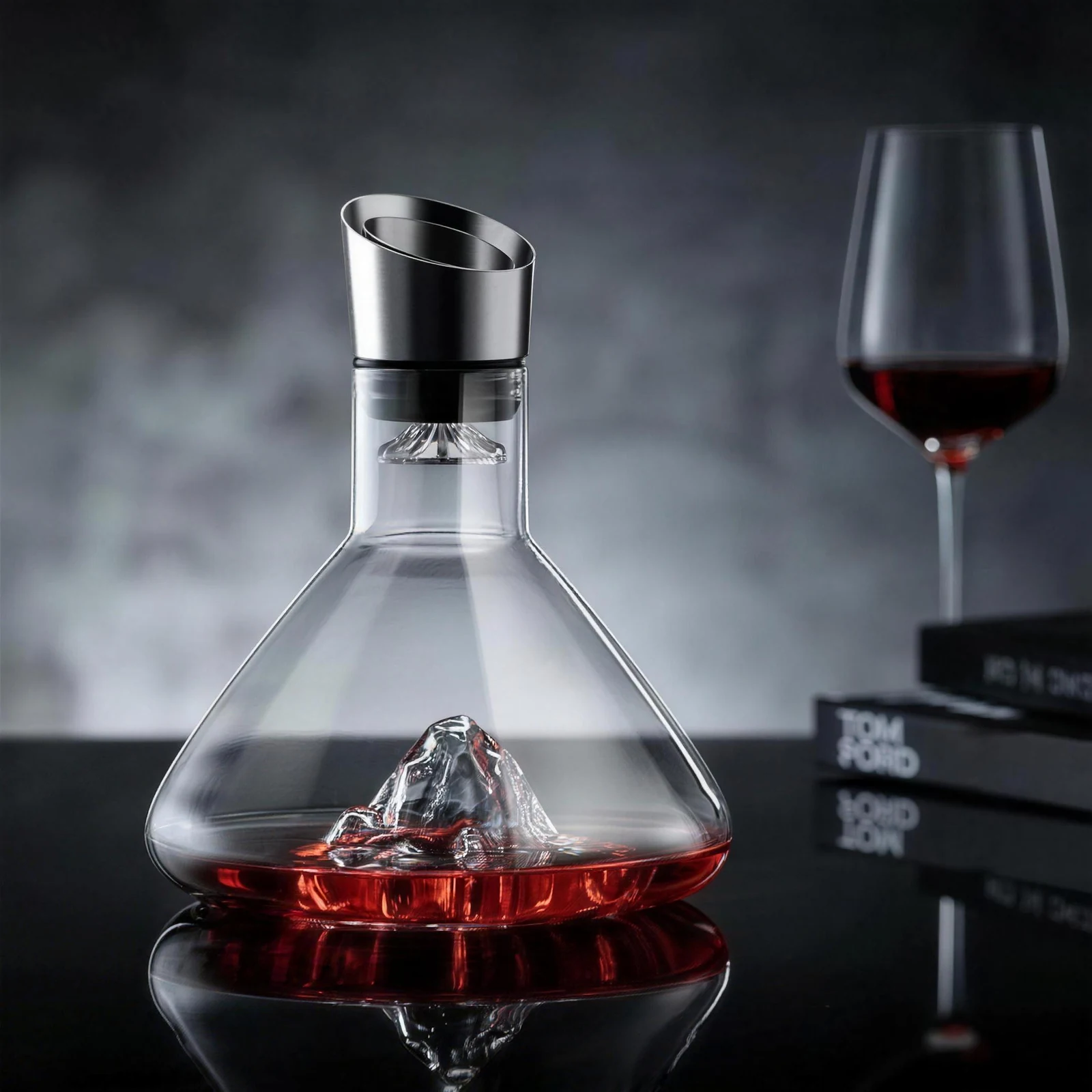 Studio photo of the decanter with the steel aerating funnel
