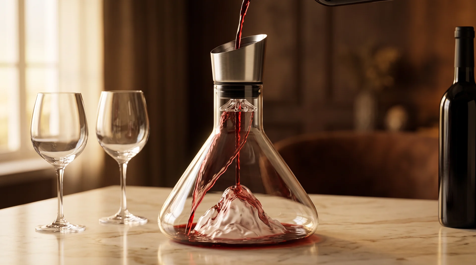 Red wine cascading down the glass cone over the ice mountain