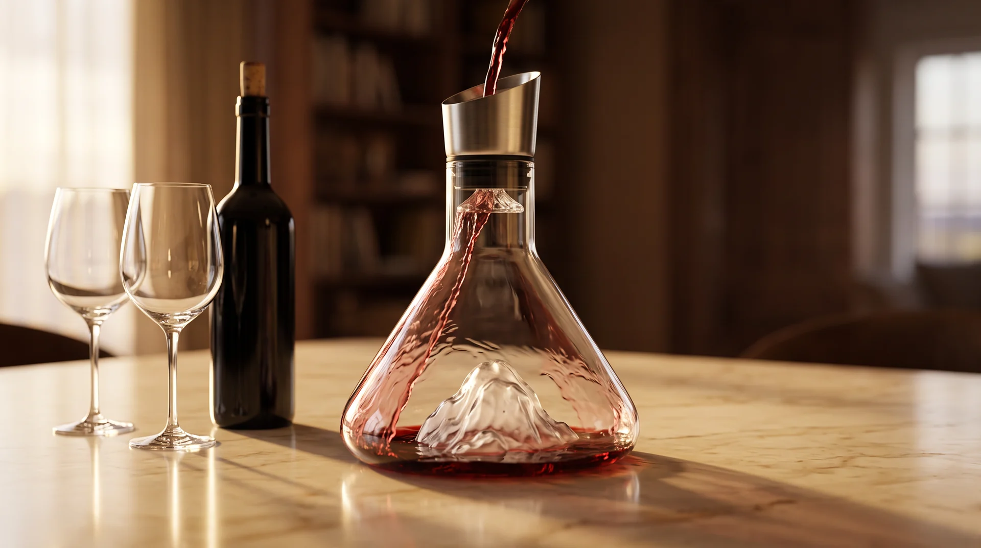 The decanter on a table beside two glasses and a bottle