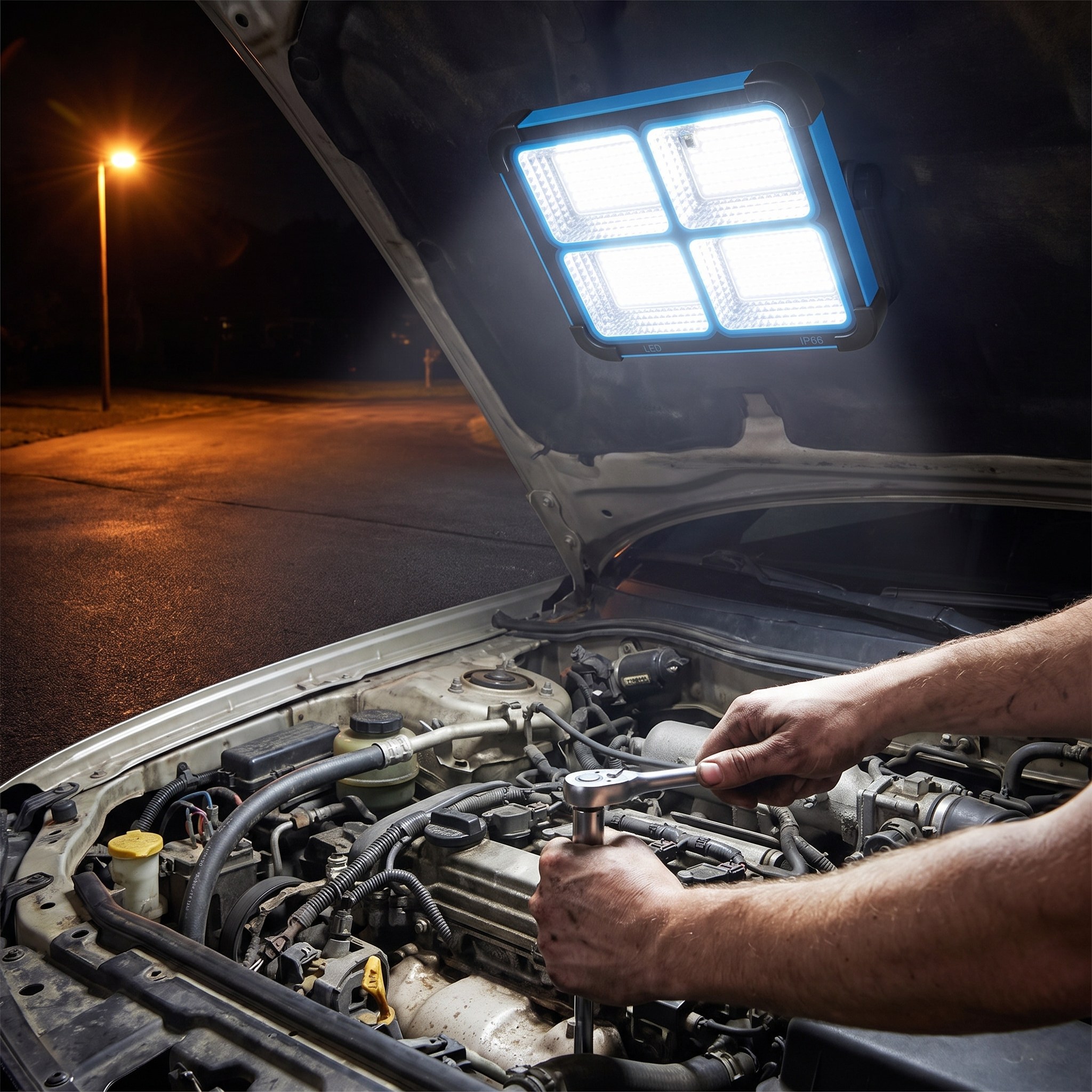 Solar LED work light stuck by its magnetic back under a raised car hood, lighting a mechanic's hands