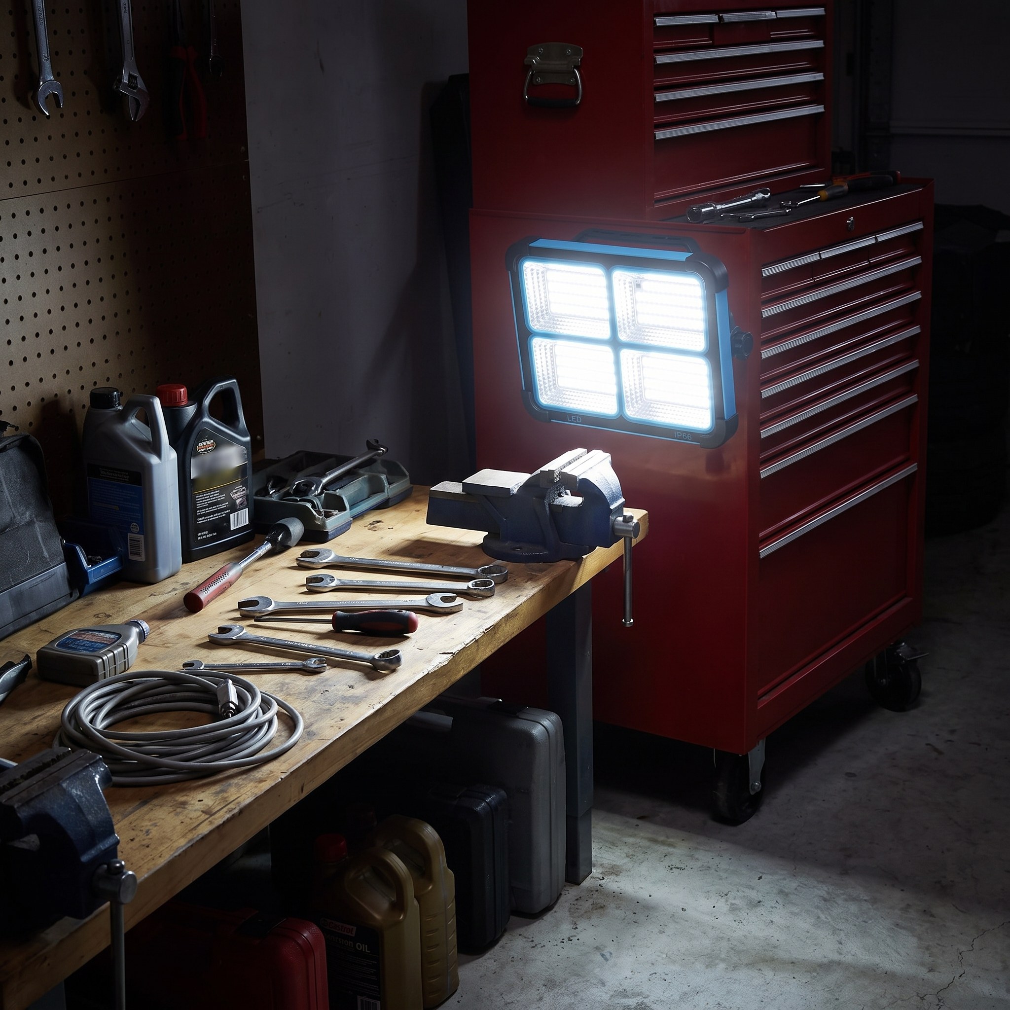 Solar LED work light clinging magnetically to a red rolling tool chest, lighting a garage workbench