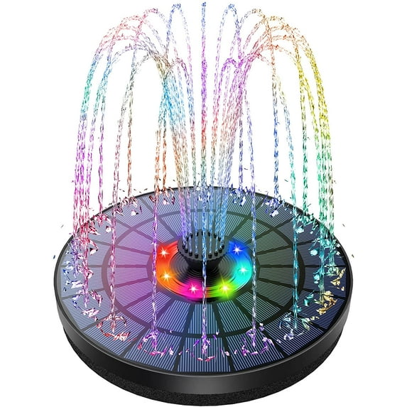 AISITIN Solar Fountain Pump in a bird bath with colorful lights