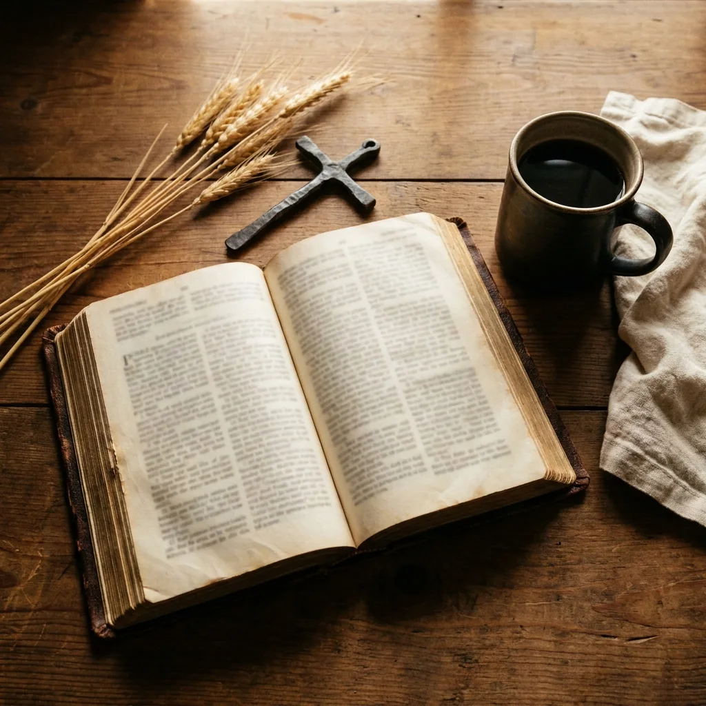 An open Bible on weathered barn wood with dried wheat and an iron cross