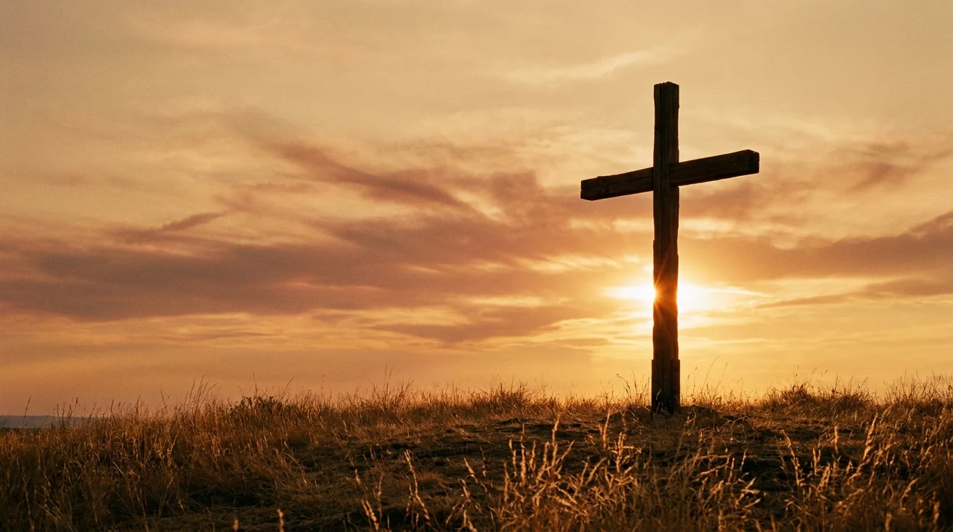 A wooden cross on a hilltop at sunset