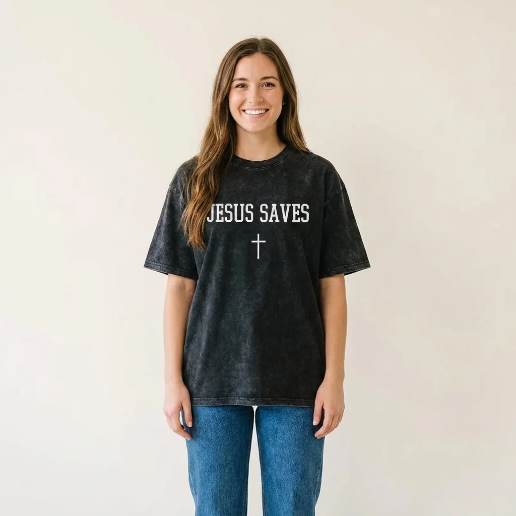 Jesus Saves tee in washed charcoal, worn