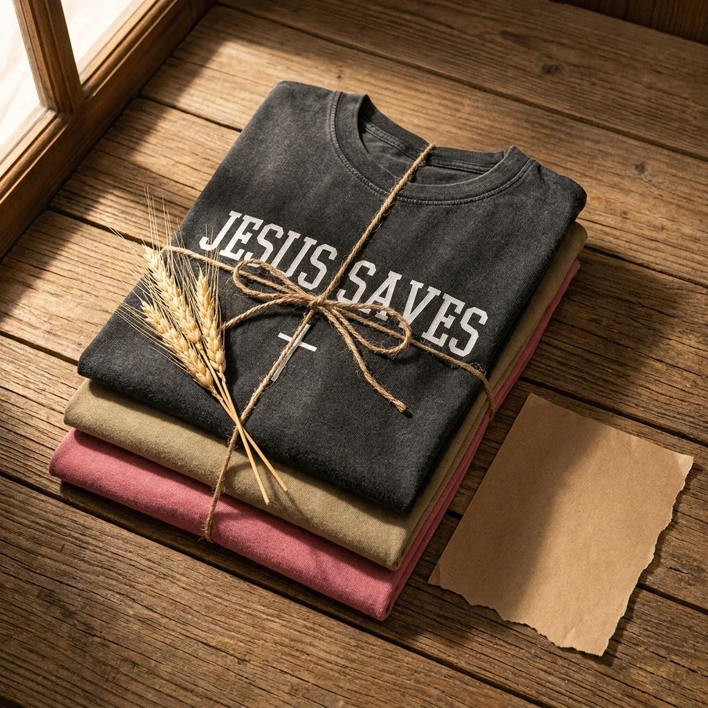 Three folded tees in charcoal, khaki and pink tied with twine on barn wood