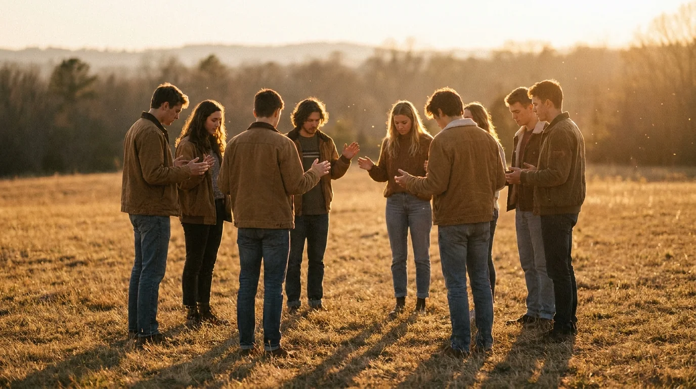 Young adults gathered outdoors at sunset, some with hands raised in worship