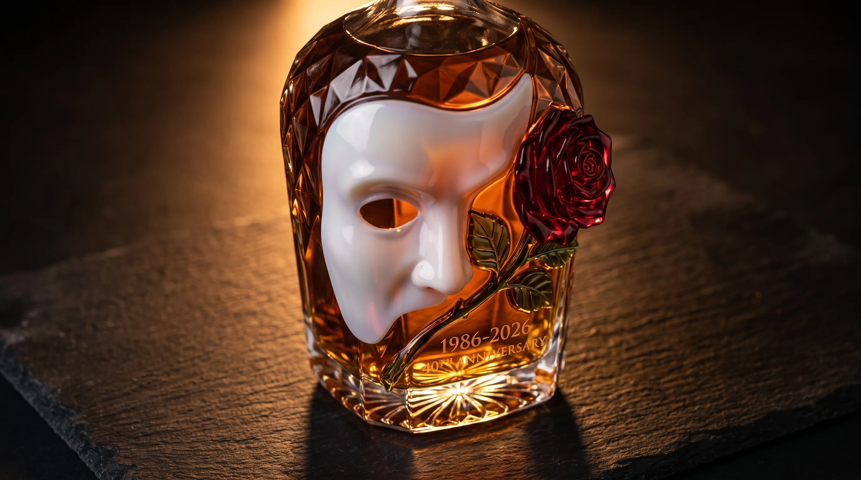 Backlit faceted glass decanter with a sculpted opera mask and rose