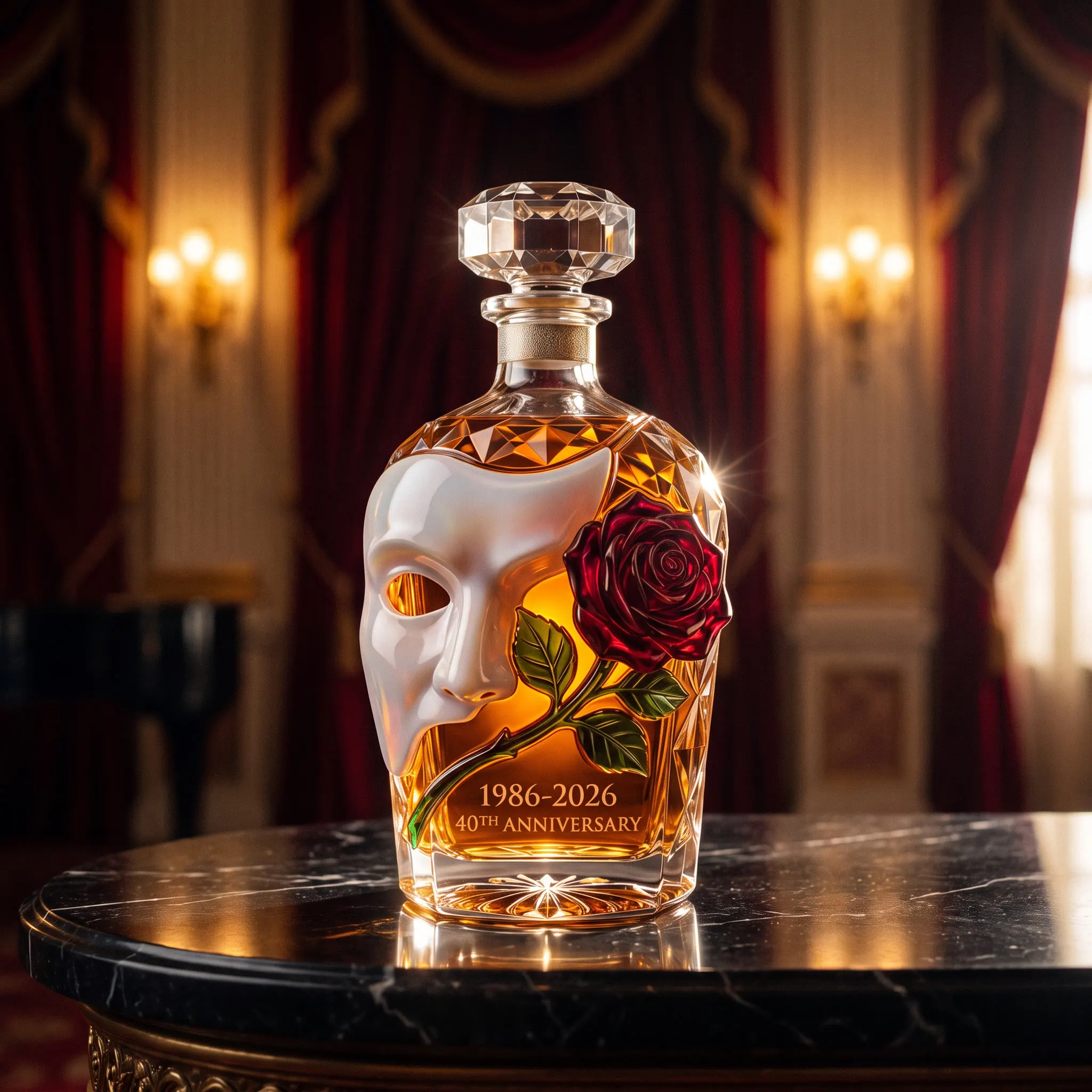 The mask decanter on a home bar beside two tumblers