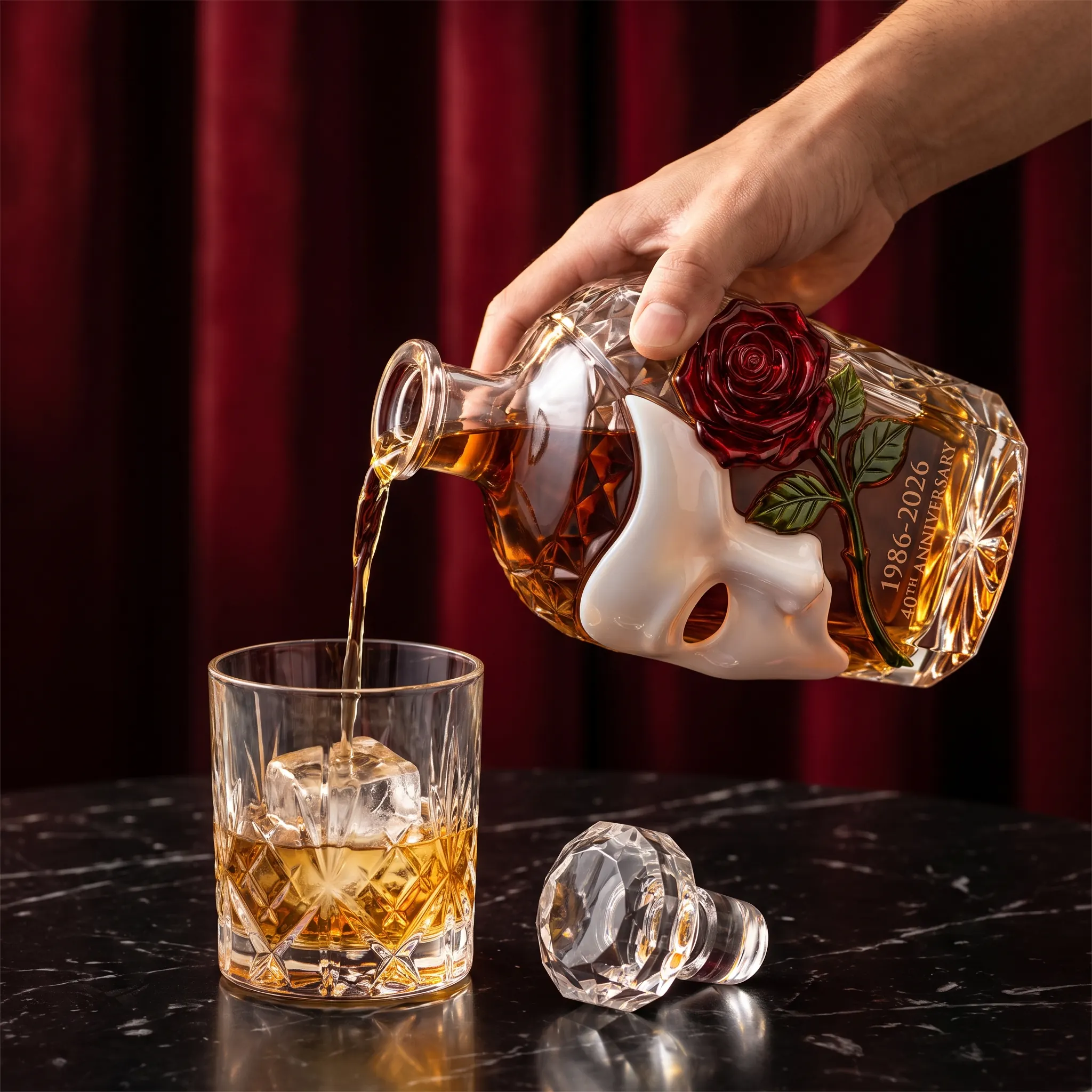 The mask decanter beside an open lined gift box