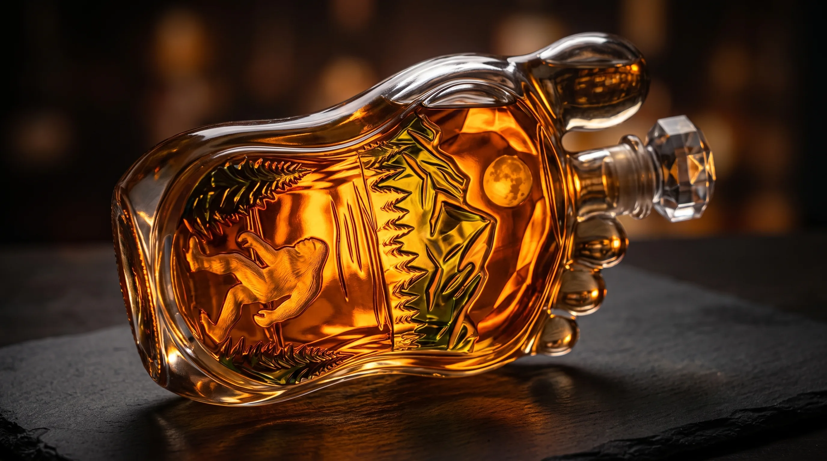 Backlit footprint-shaped decanter with the moulded forest scene glowing