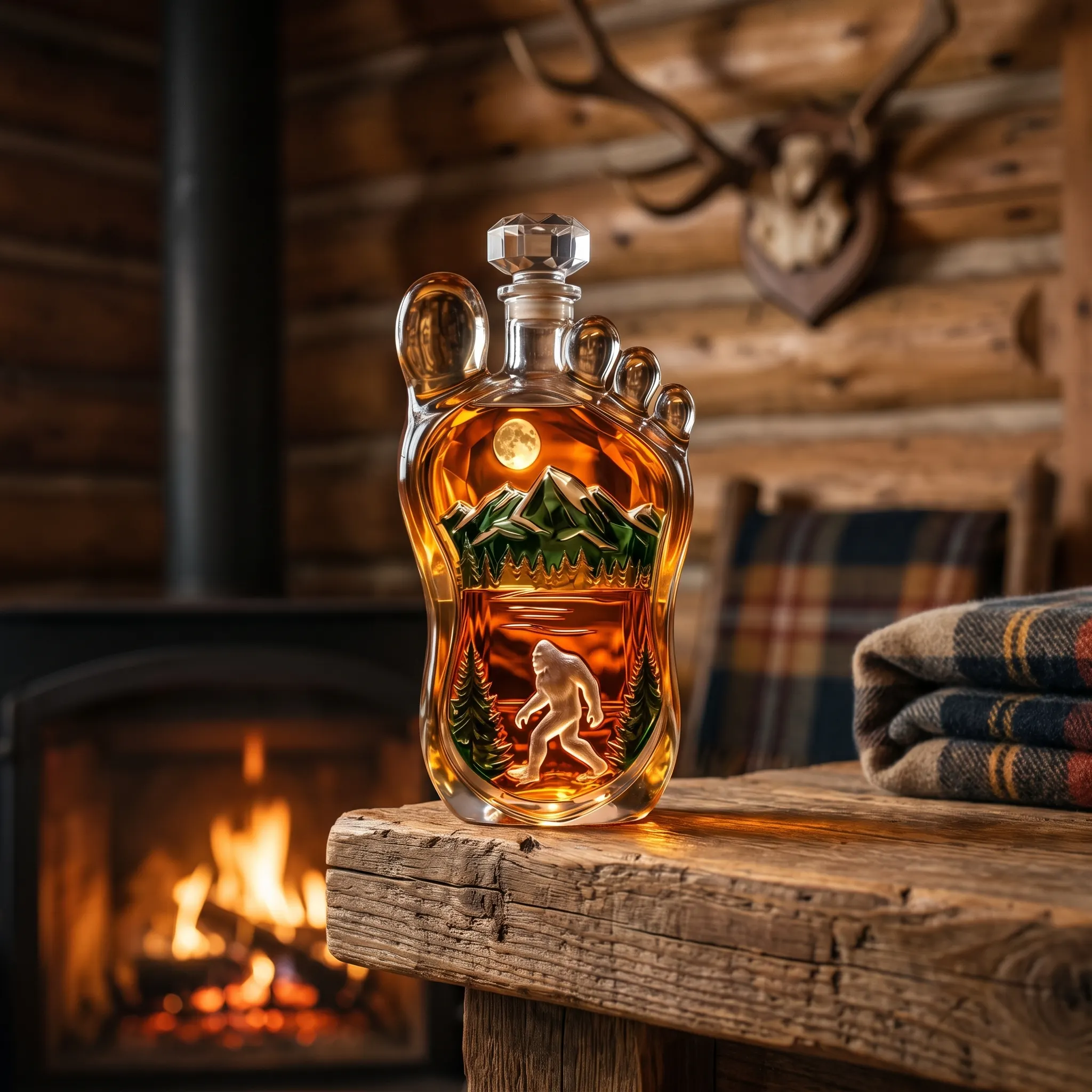 The footprint decanter in a cabin setting beside tumblers