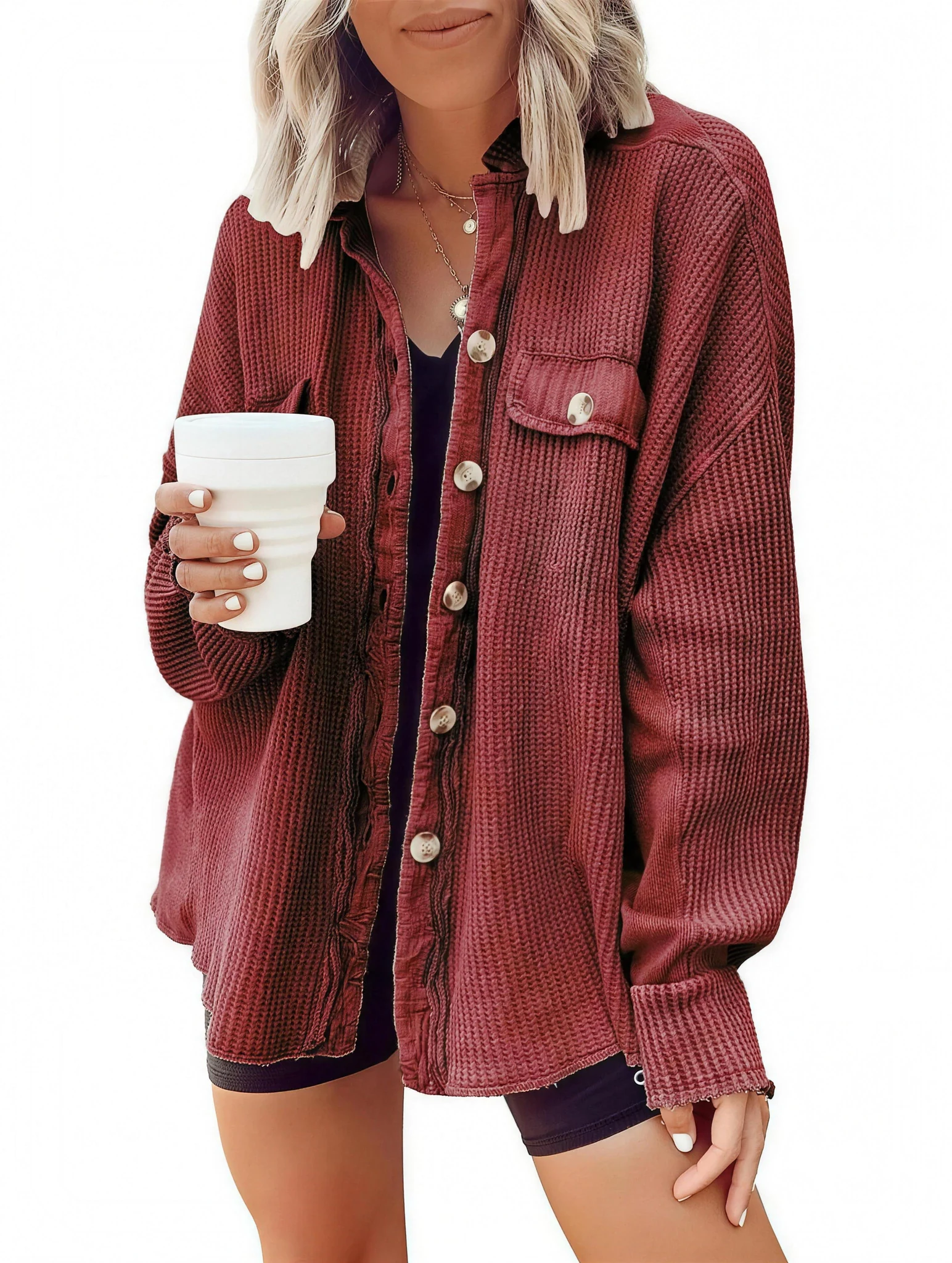 Waffle knit shacket in rusty red