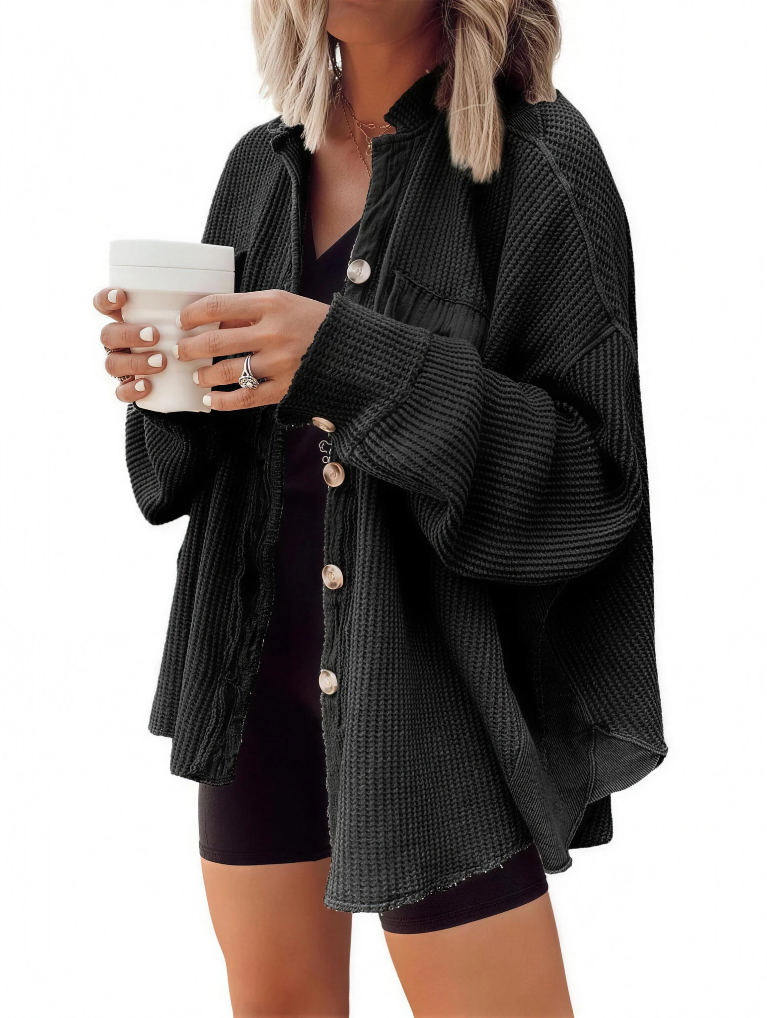 Waffle knit shacket in black, dropped shoulder and wide sleeve