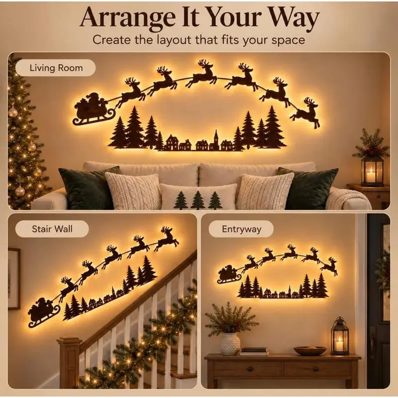 Festive LED reindeer and Santa wall decal in a cozy room