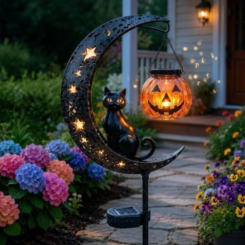 Black cat crescent moon solar garden stake front view
