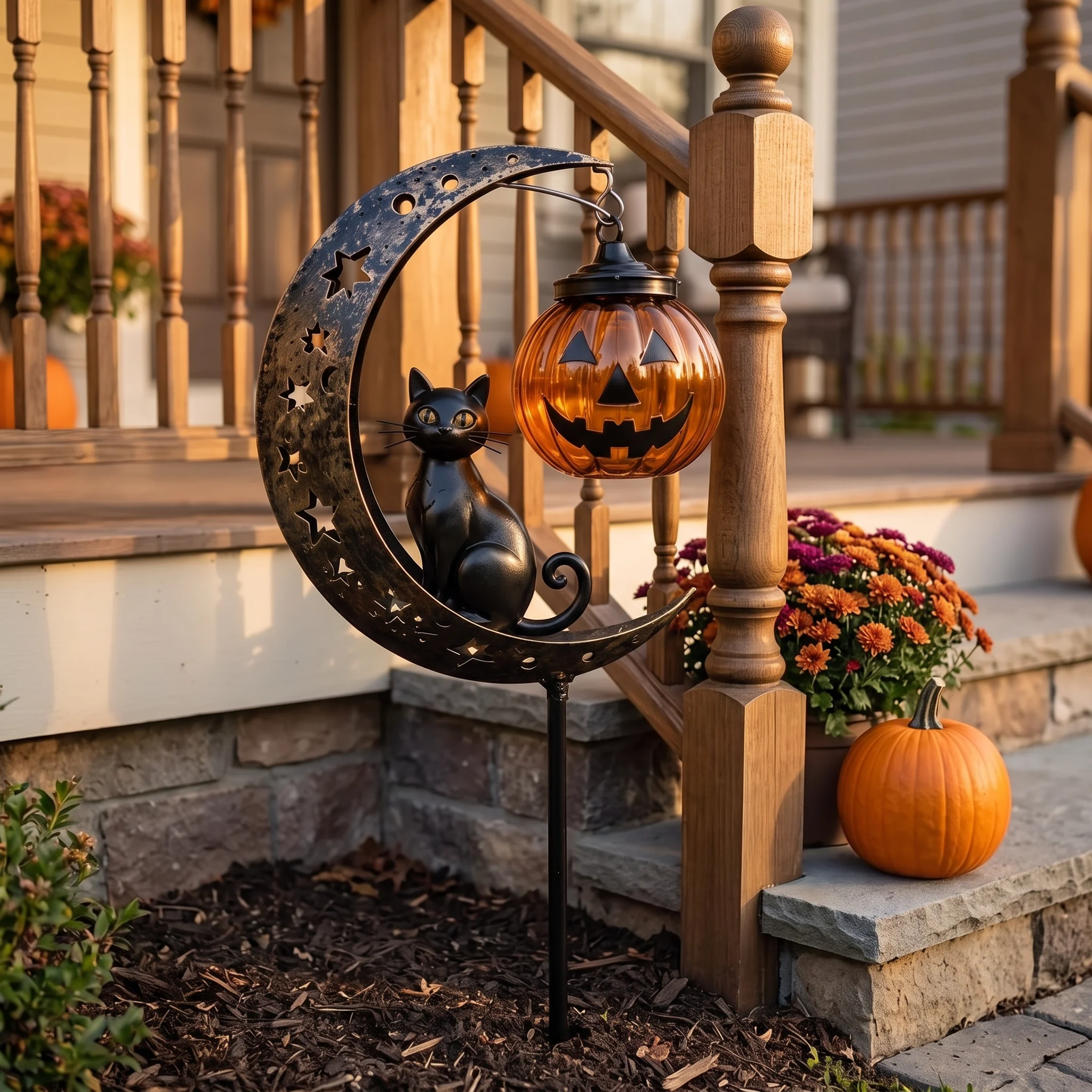 Solyra Meow Decor Light staked beside a front porch step in daylight
