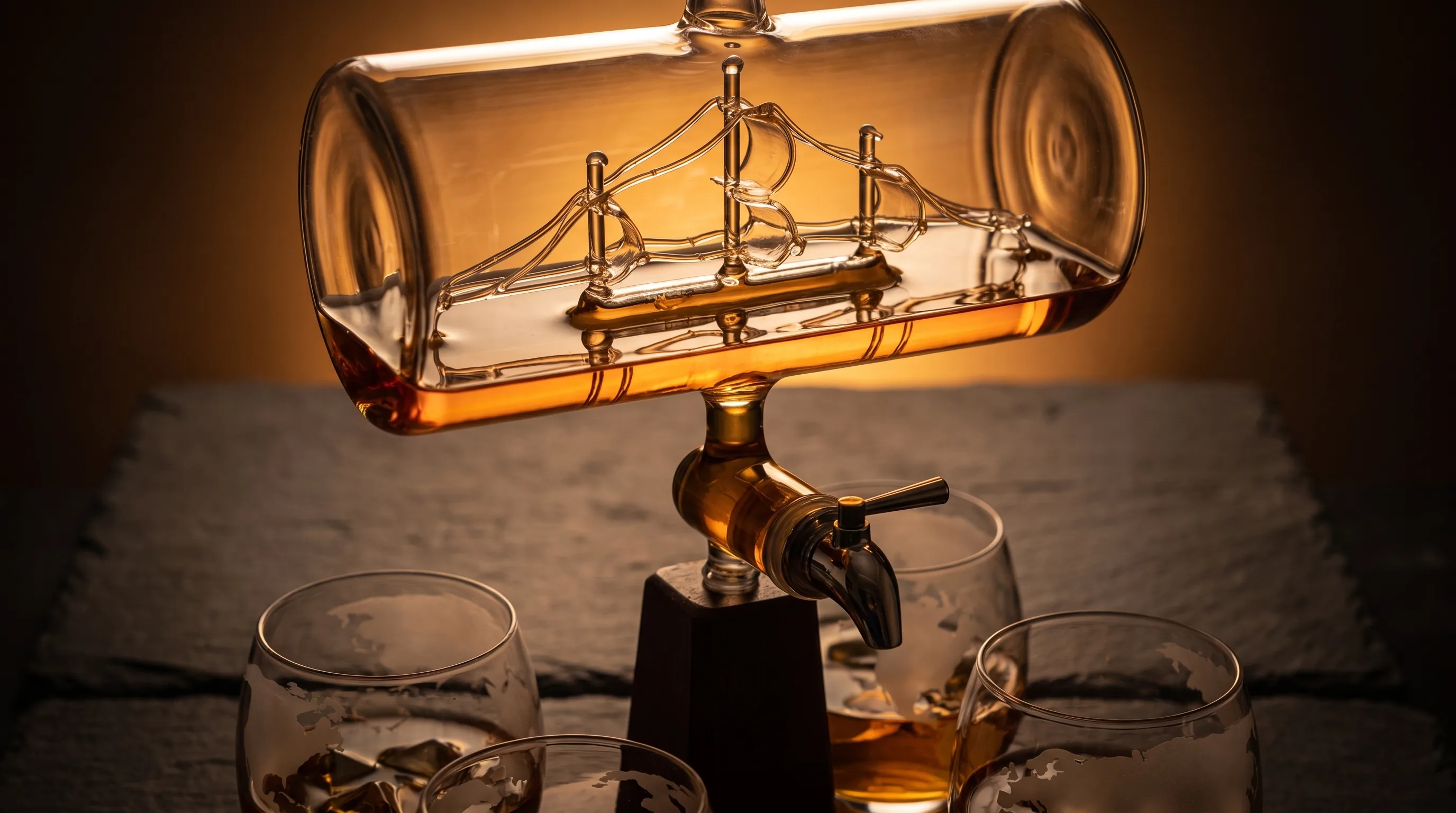 Backlit glass barrel decanter with a clipper ship inside and a brass tap