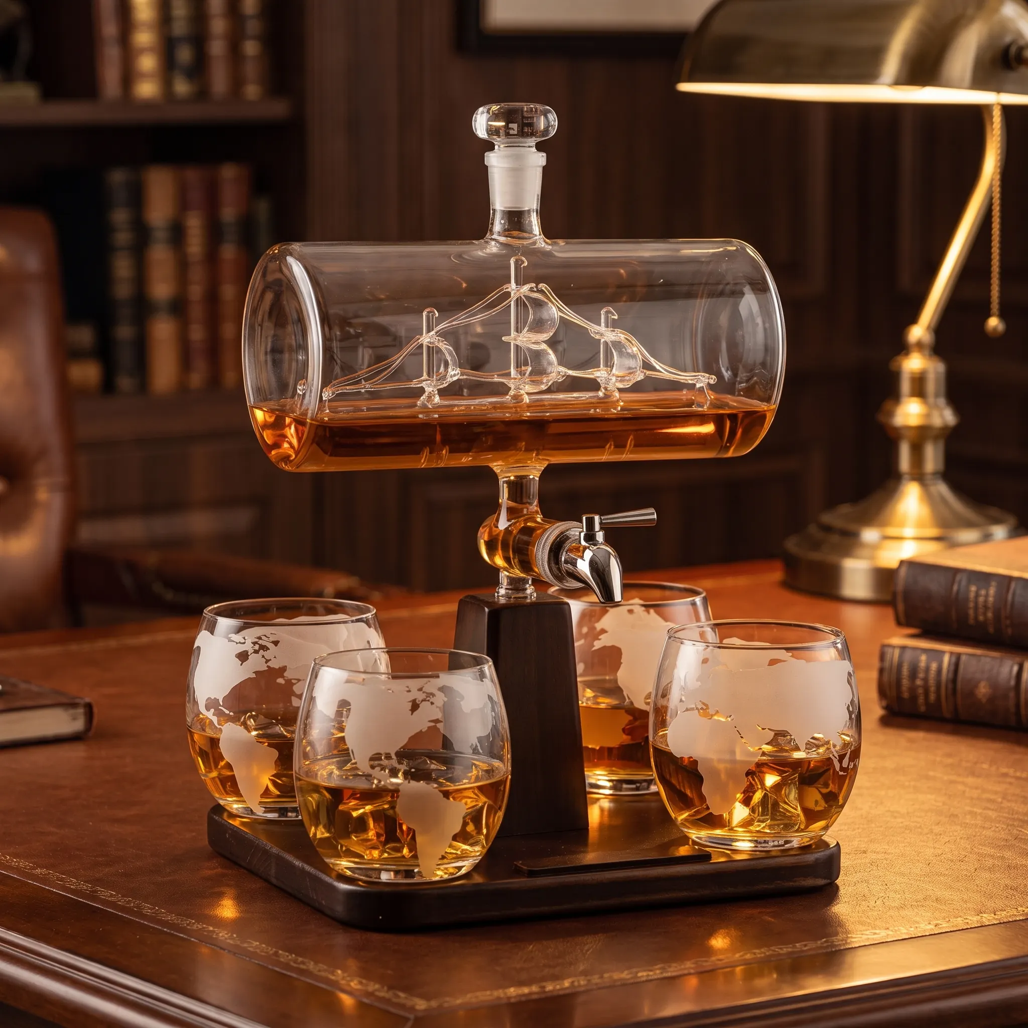 The ship decanter set on a sideboard with its glasses