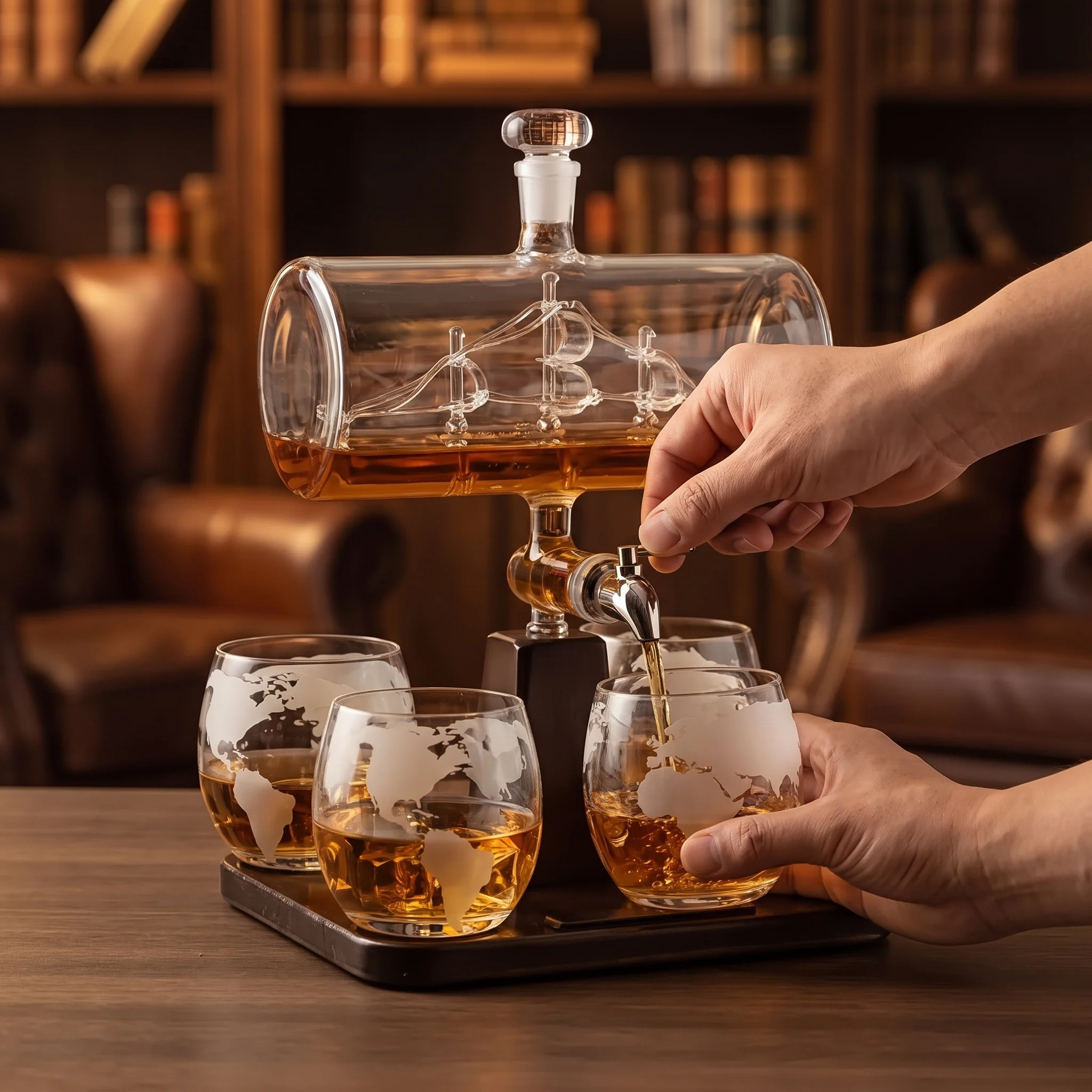 The ship decanter set beside an open lined gift box