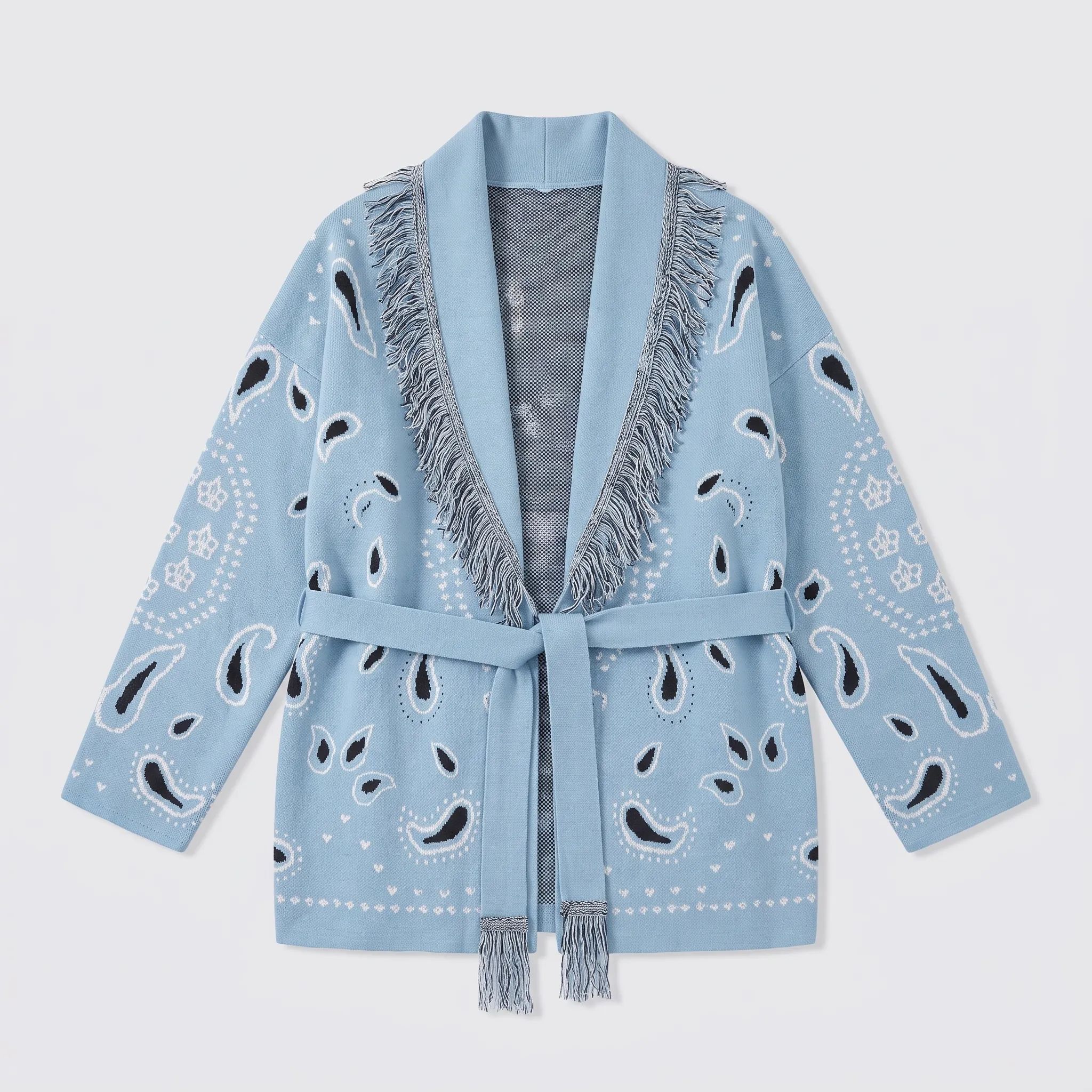 The Sky Blue bandana fringe wrap cardigan