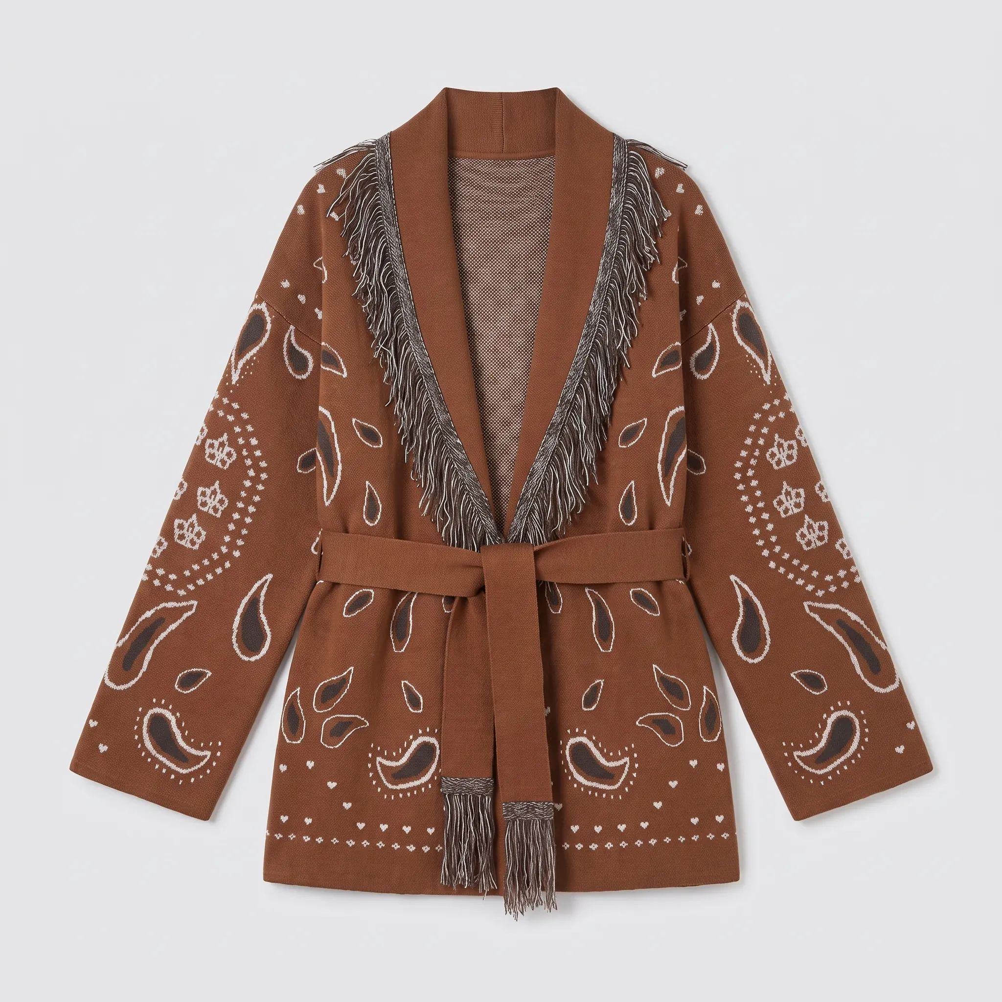 The Brown bandana fringe wrap cardigan