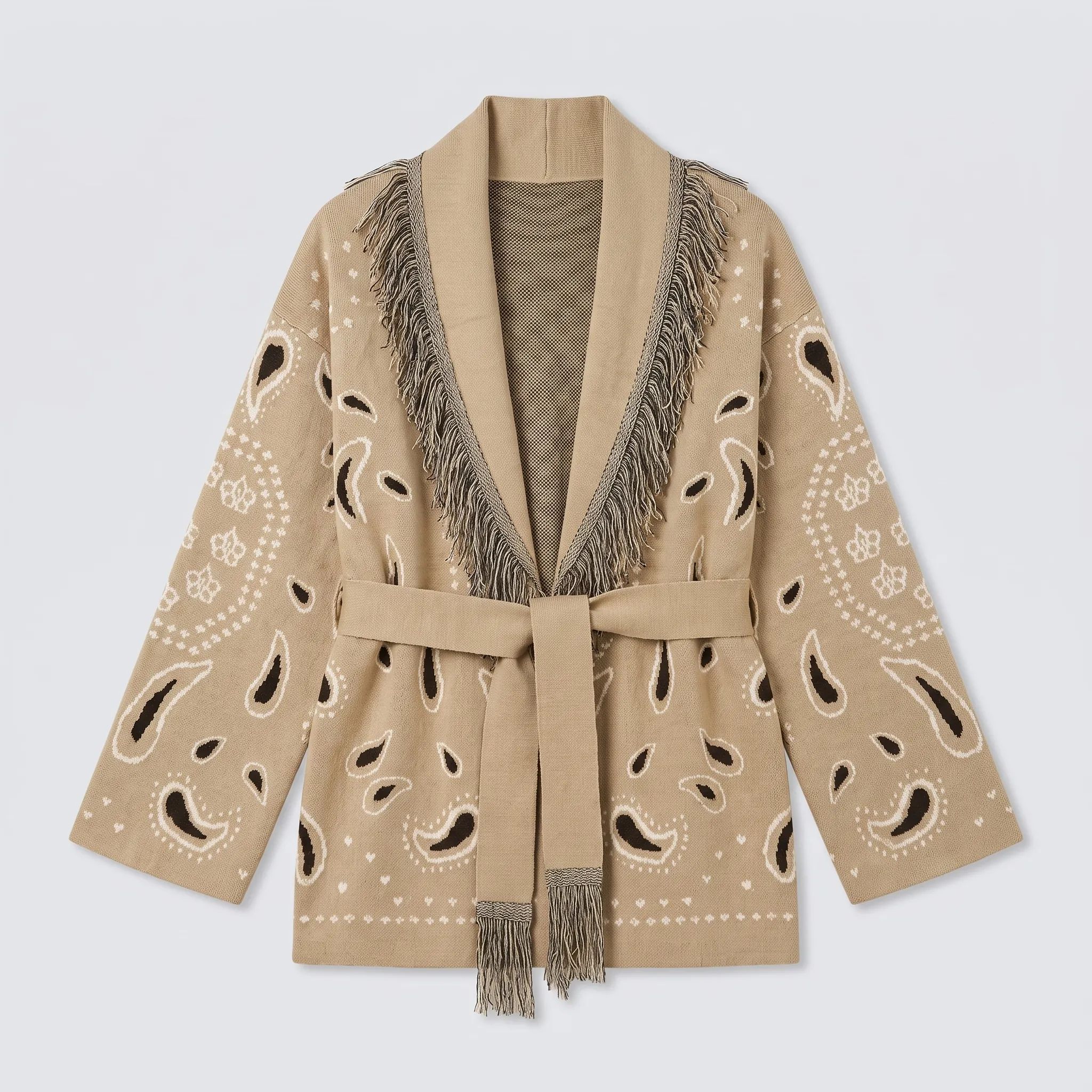 The Khaki bandana fringe wrap cardigan