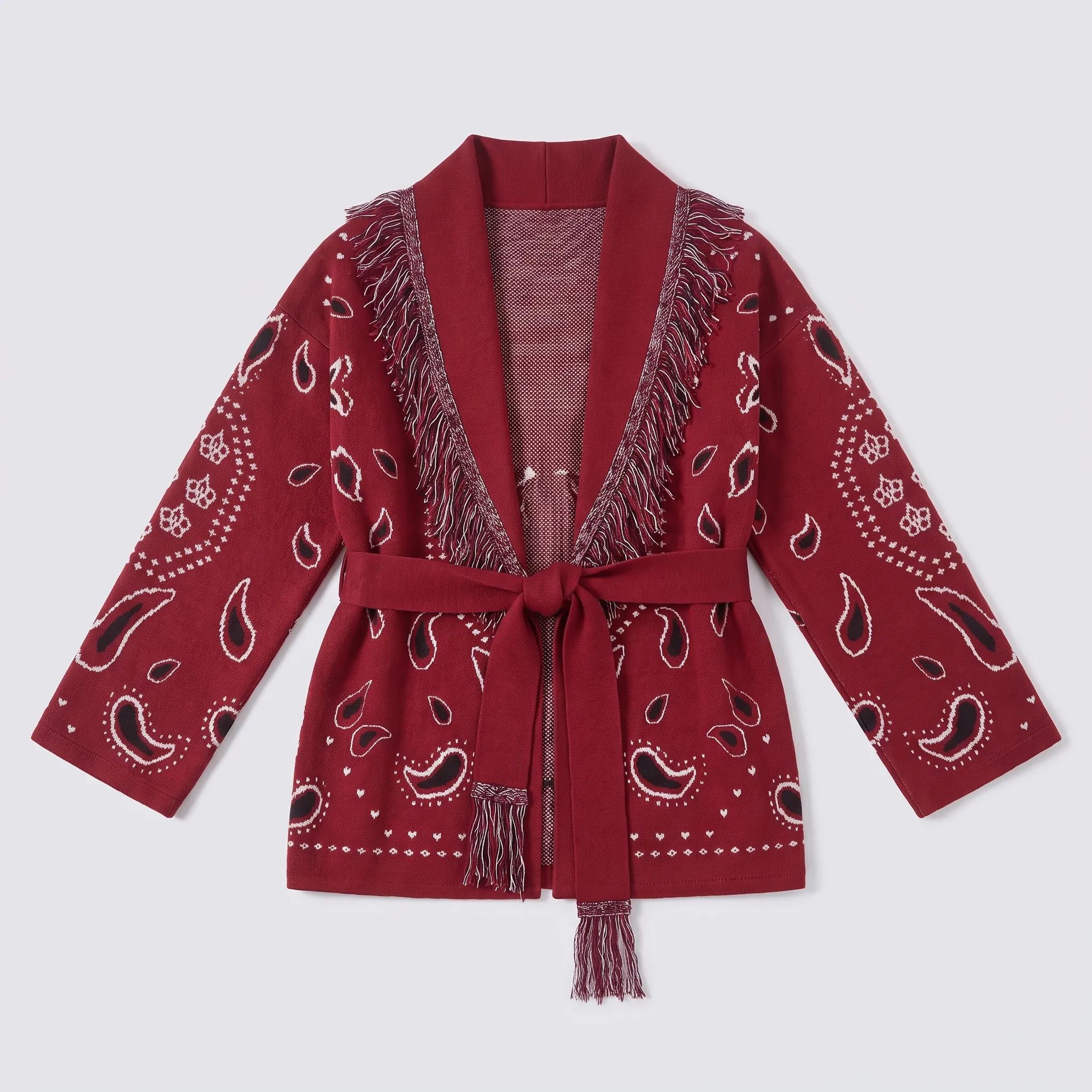 The Wine Red bandana fringe wrap cardigan