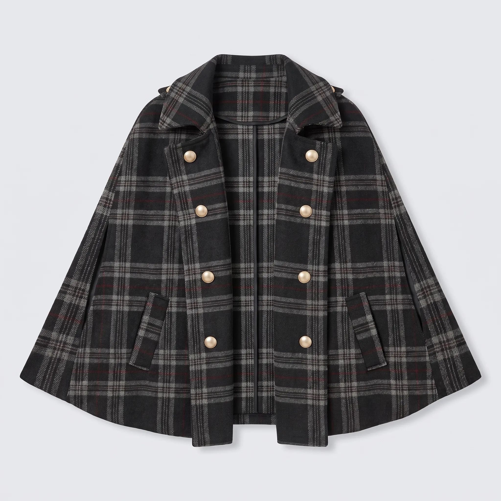 Plaid Cape Poncho, charcoal tartan, front
